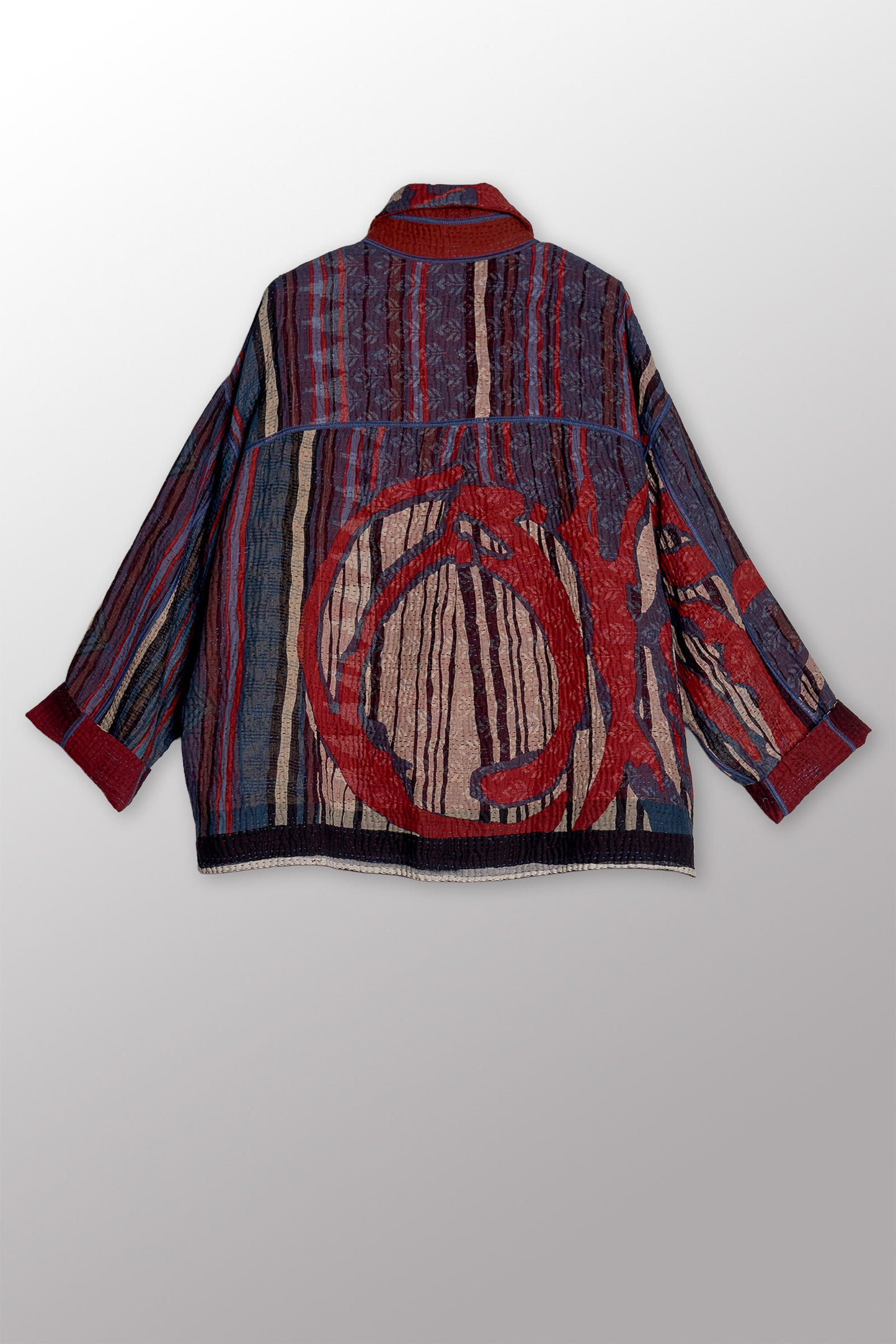STRIPE AND BENDS KANTHA CROPPED SHIRT JACKET - sb4075-red -
