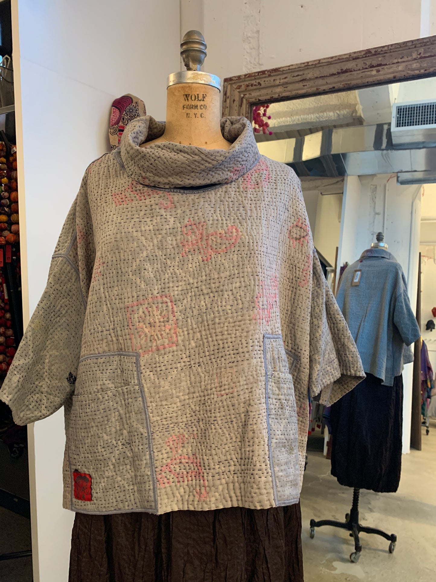 FRAYED PATCH KANTHA COWL NECK PONCHO - fi4061-glk -