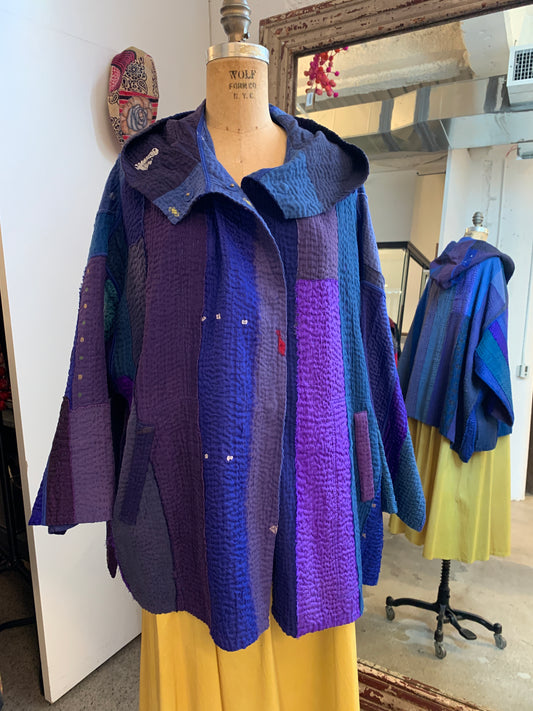 STRIPE AND CHECK COTTON SILK PATCH KANTHA HOODIE PONCHO - ss4064-blu -