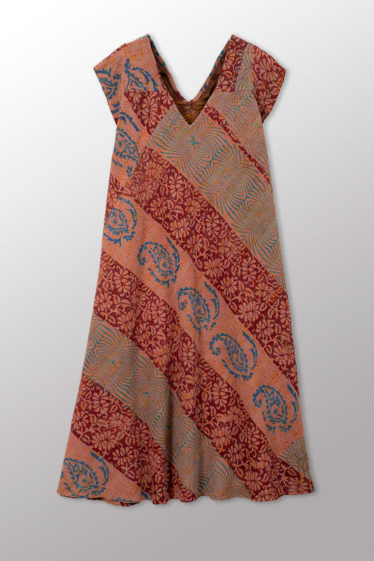 GEORGETTE JACQUARD VINTAGE SILK PATCH KANTHA CAP SLV. FLARE DRESS - gj2425-0001m -