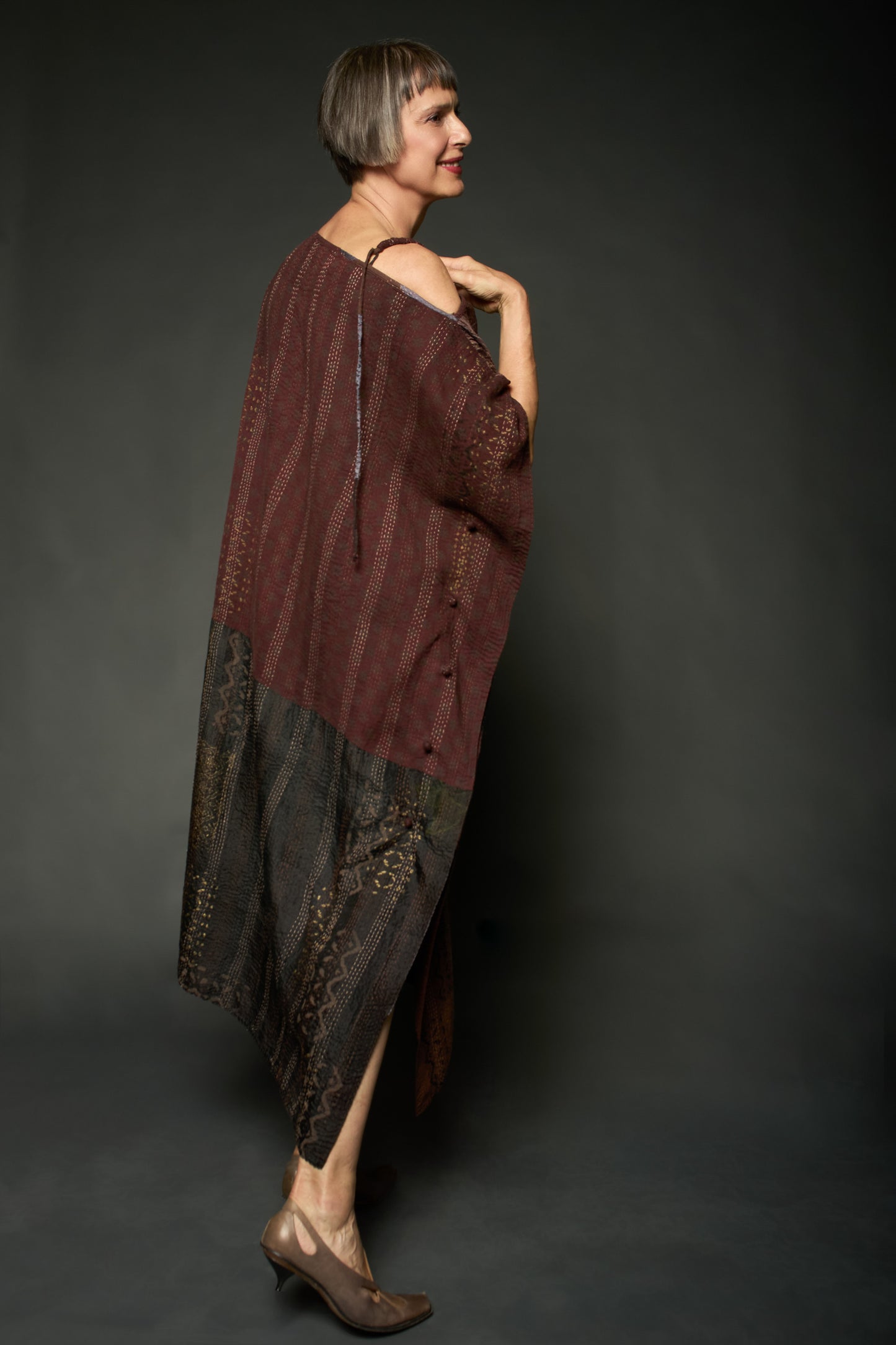 HALF SILK PATCH KANTHA ASYMMETRIC TUBE DRESS - hs2472-brn -
