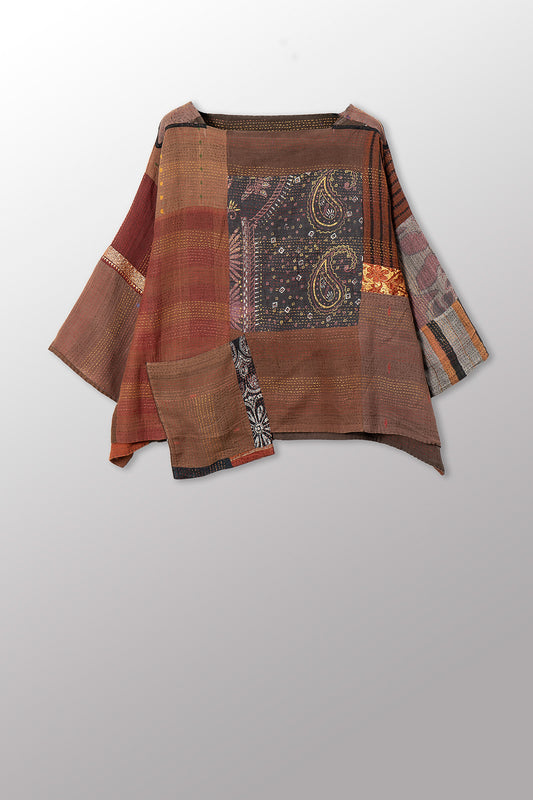 BROCADE PATCHED KANTHA 3/4 SLV. CROP TOP MIO - bp2538-brn -