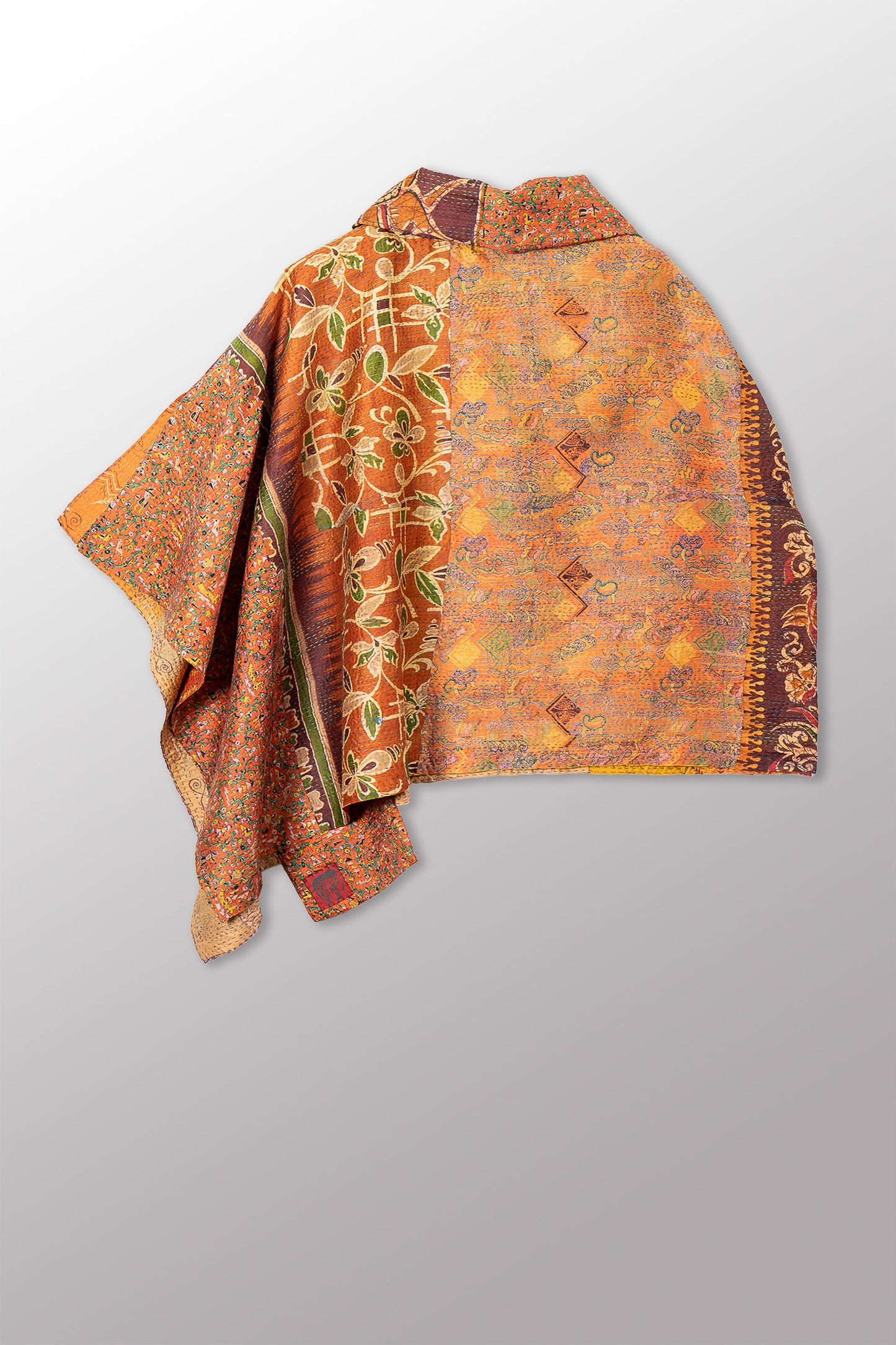 VINTAGE SILK KANTHA COWL NECK LONG CAPE - sv2842-0012a -