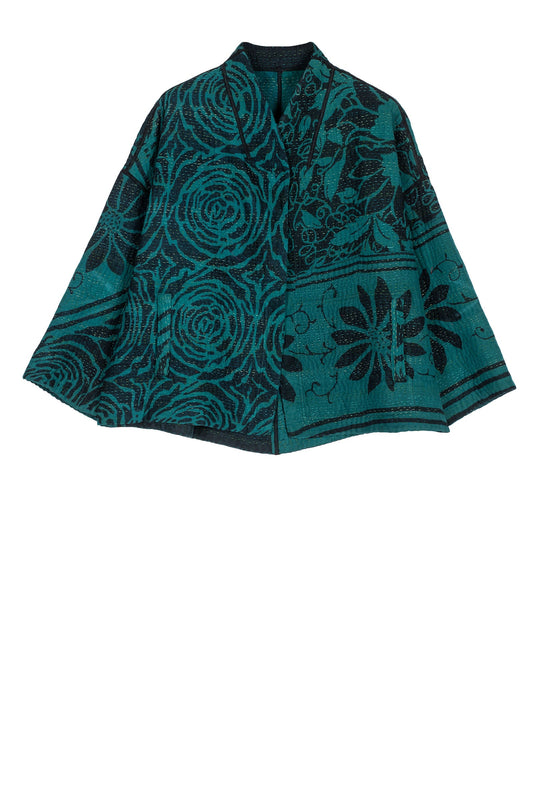 EMERALD GREEN KANTHA STAND COLLAR CROPPED JACKET - eg4034-tel -