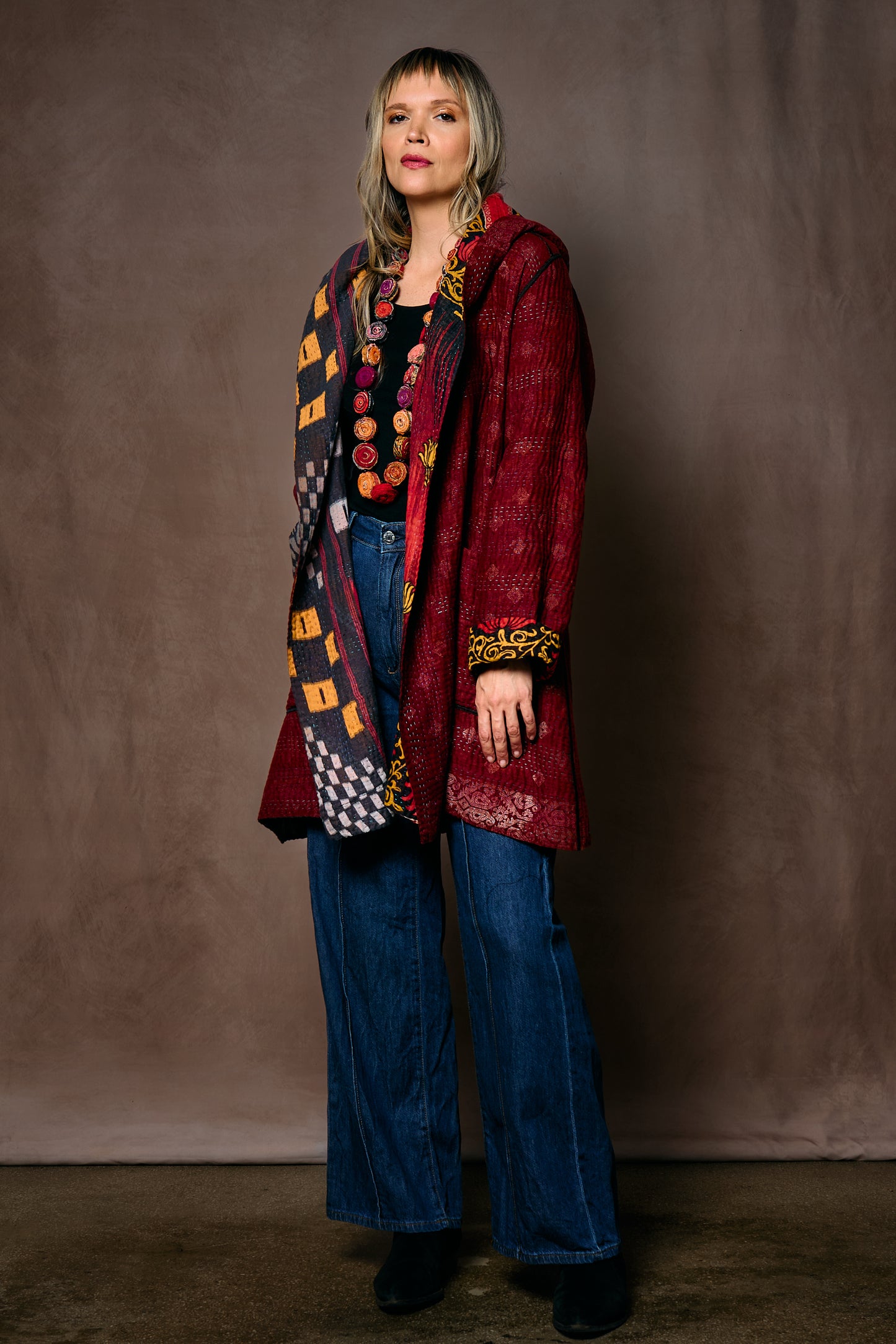 VINTAGE COTTON KANTHA HOODED POCKET COAT - cv4303-0002a -