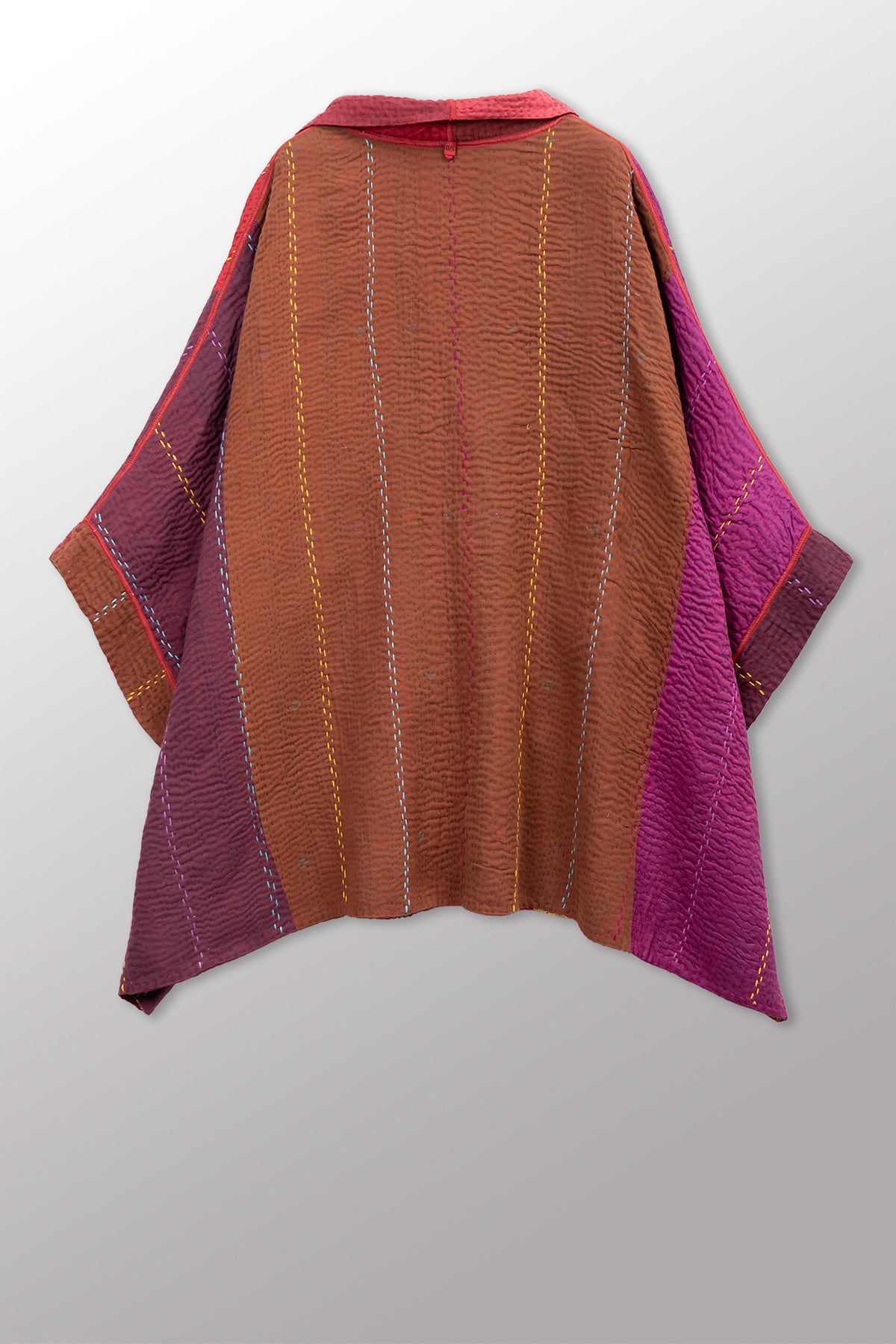 JEWEL WOVEN WITH VERTICAL PATCH KANTHA DOUBLE COLLAR PONCHO - jv4323-red -