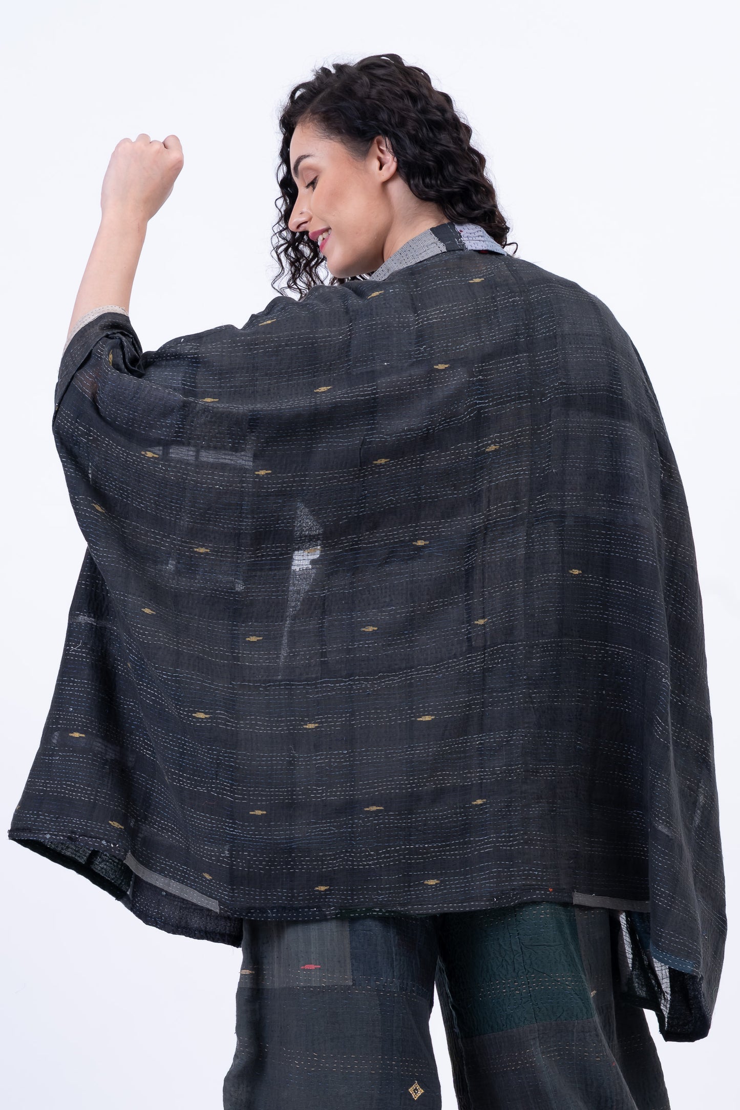 TONAL TILE PATCH KANTHA DOUBLE COLLAR PONCHO - tt2323-gry -