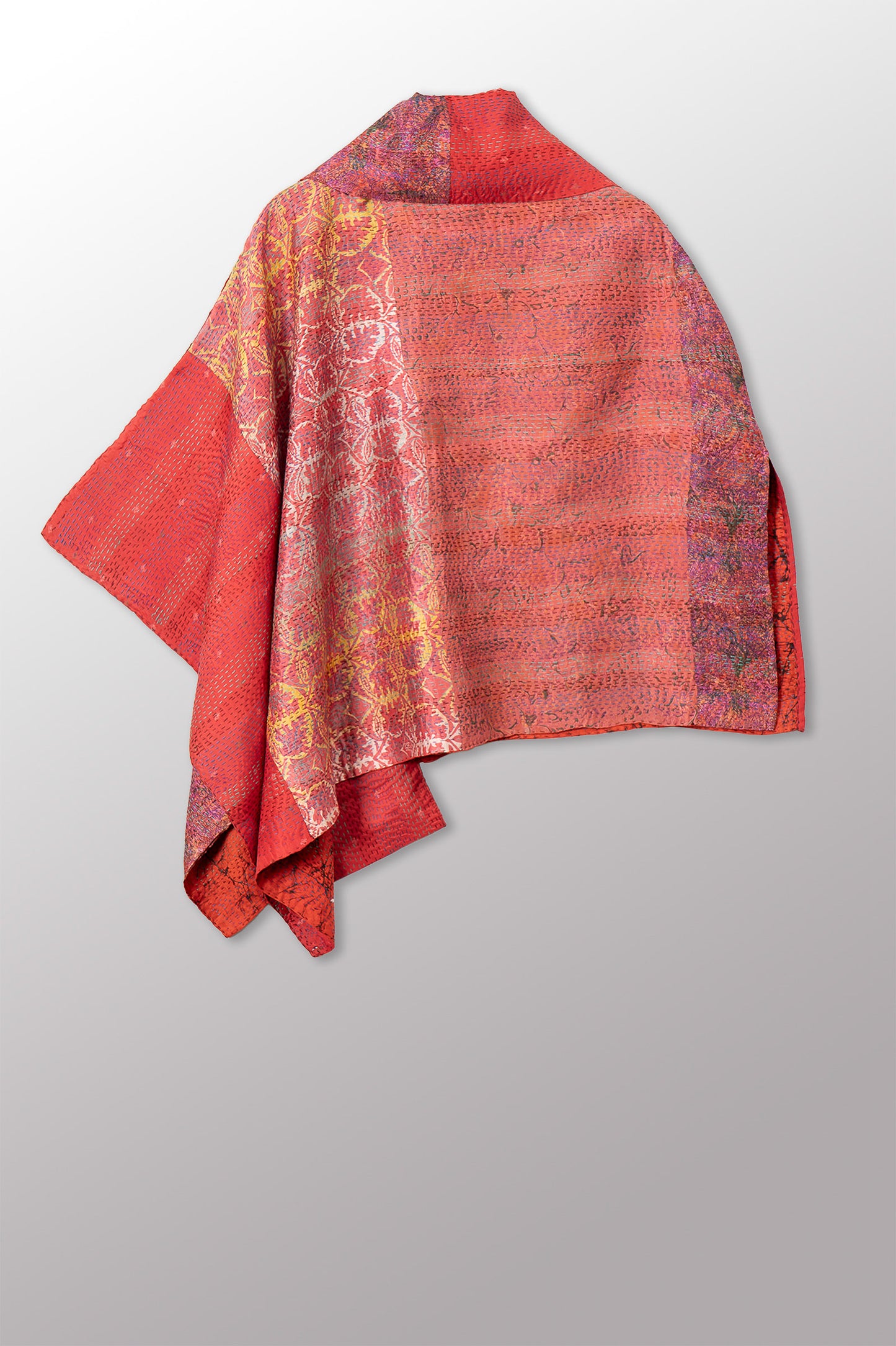 VINTAGE SILK KANTHA COWL NECK LONG CAPE - sv2842-0022a -