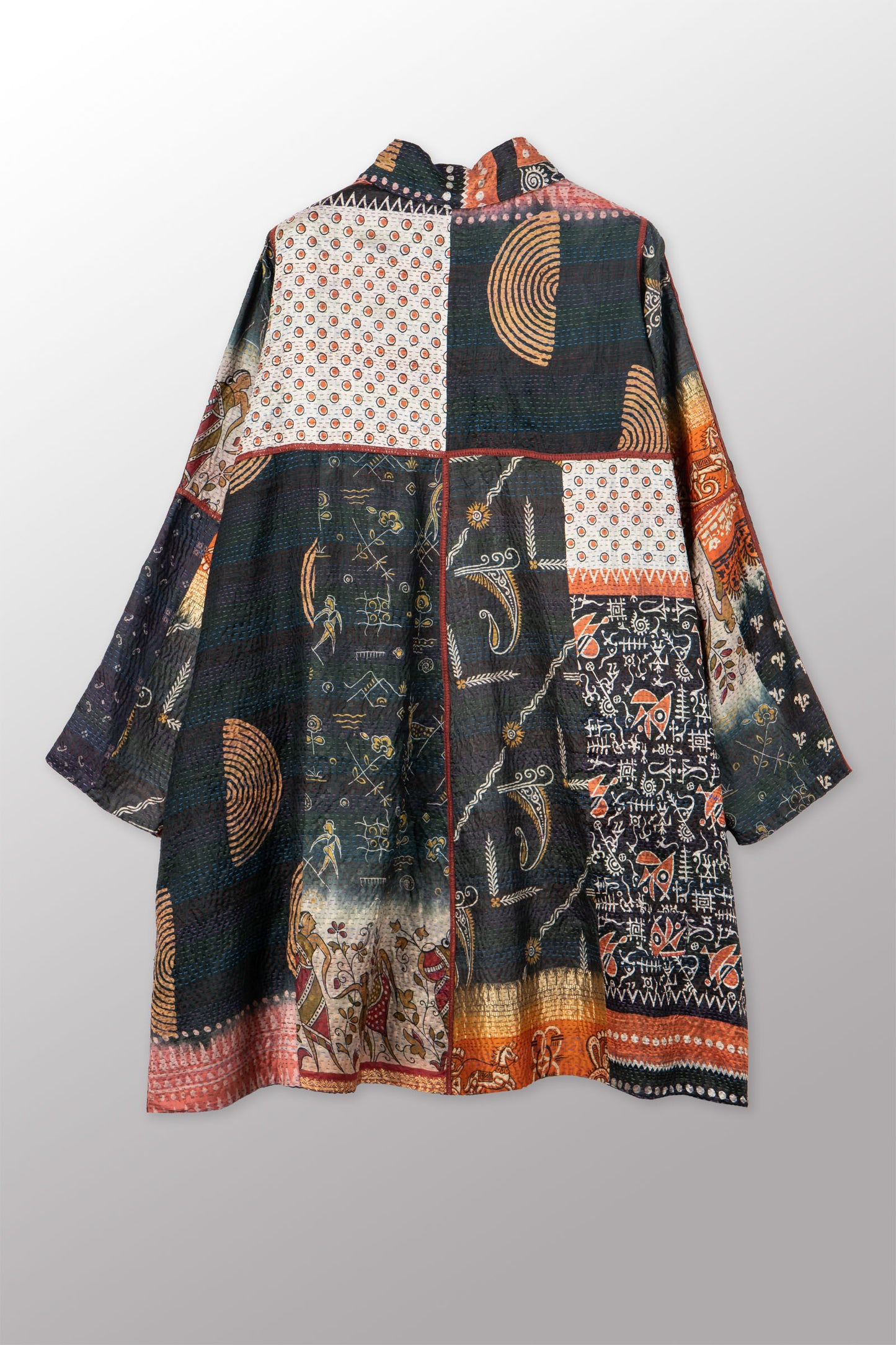 VINTAGE SILK KANTHA A-LINE DUSTER - sv2311-0013a -