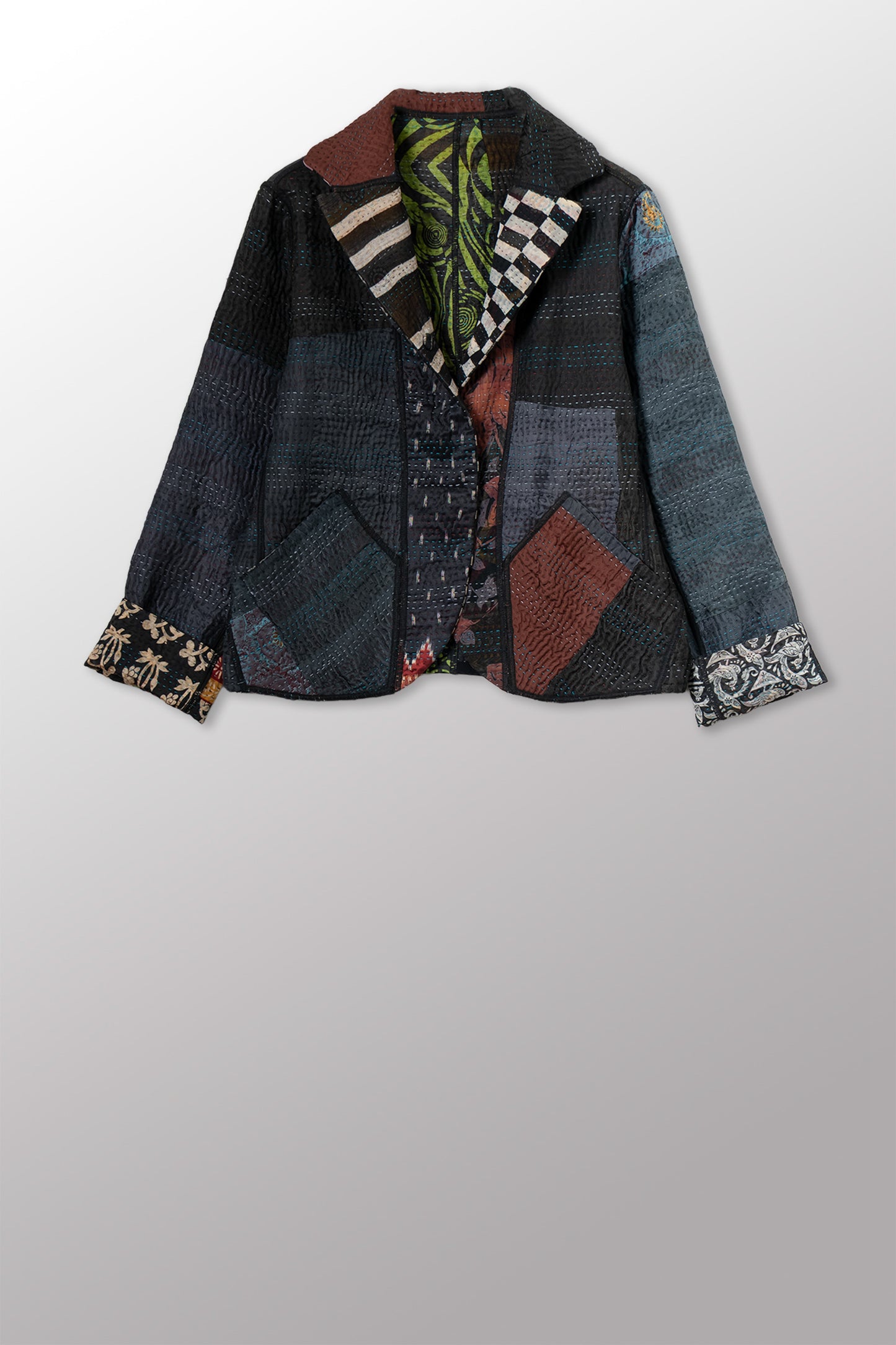 JACQUARD SILK KANTHA CROPPED BASIC JACKET - js4096-cblk001s -