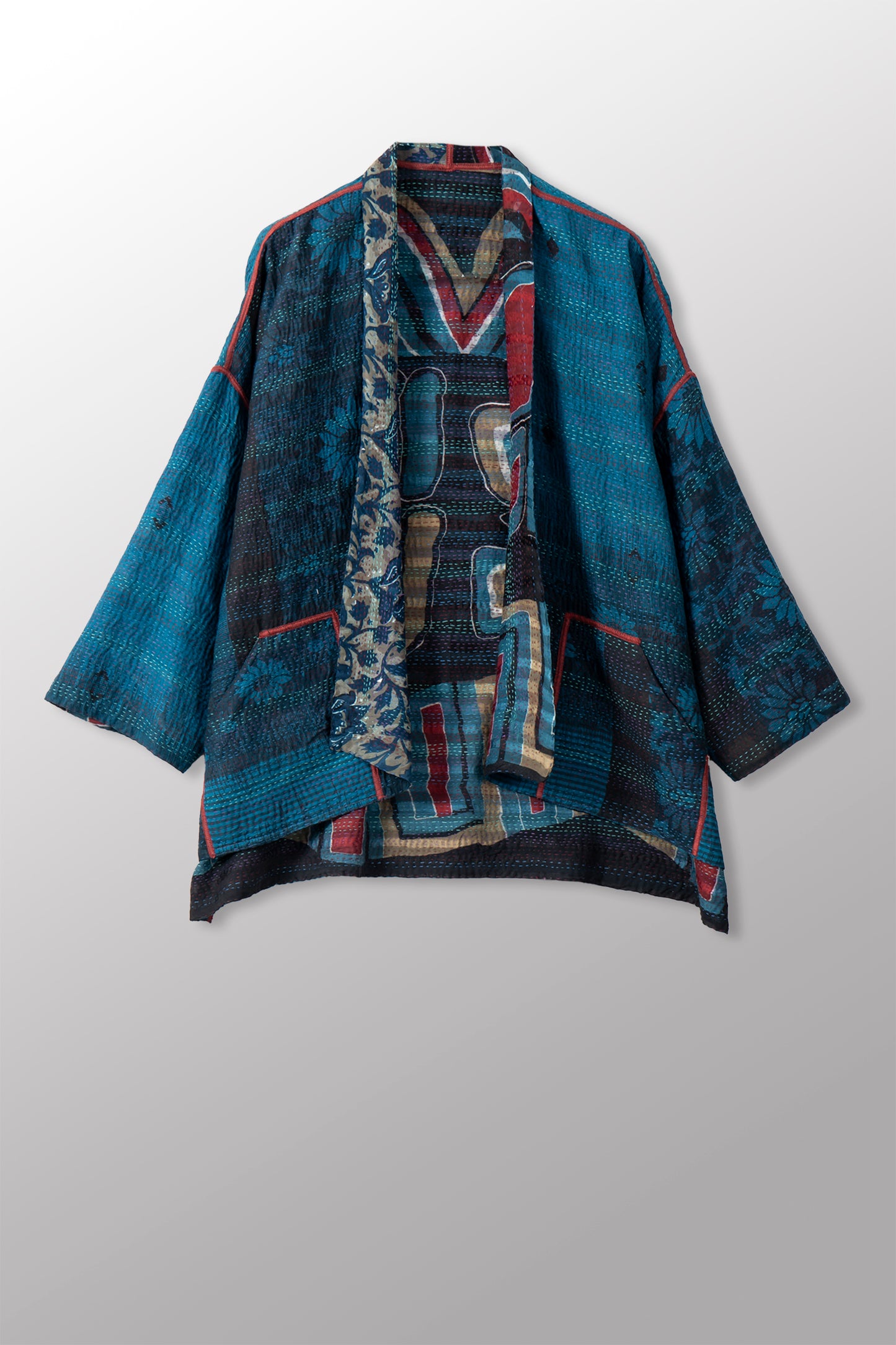 VINTAGE SILK GEORGETTE COTTON KANTHA MINI KIMONO JACKET - gc2055-0002a -