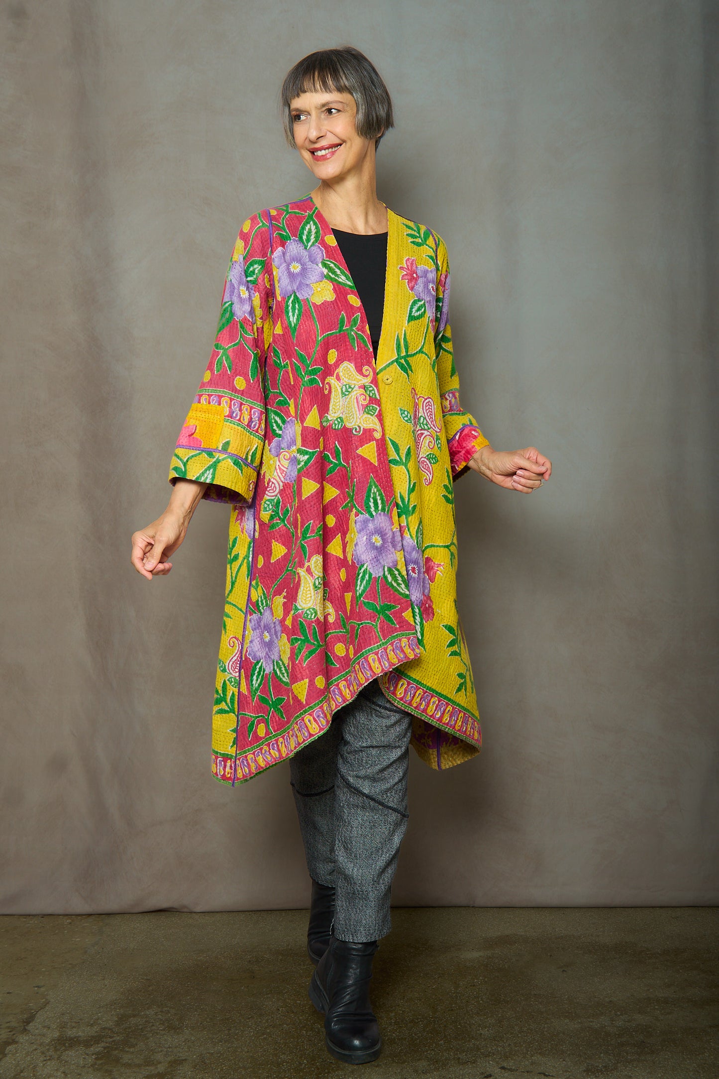 VINTAGE COTTON KANTHA WRAP FLARE COAT - cv4330-0026a -