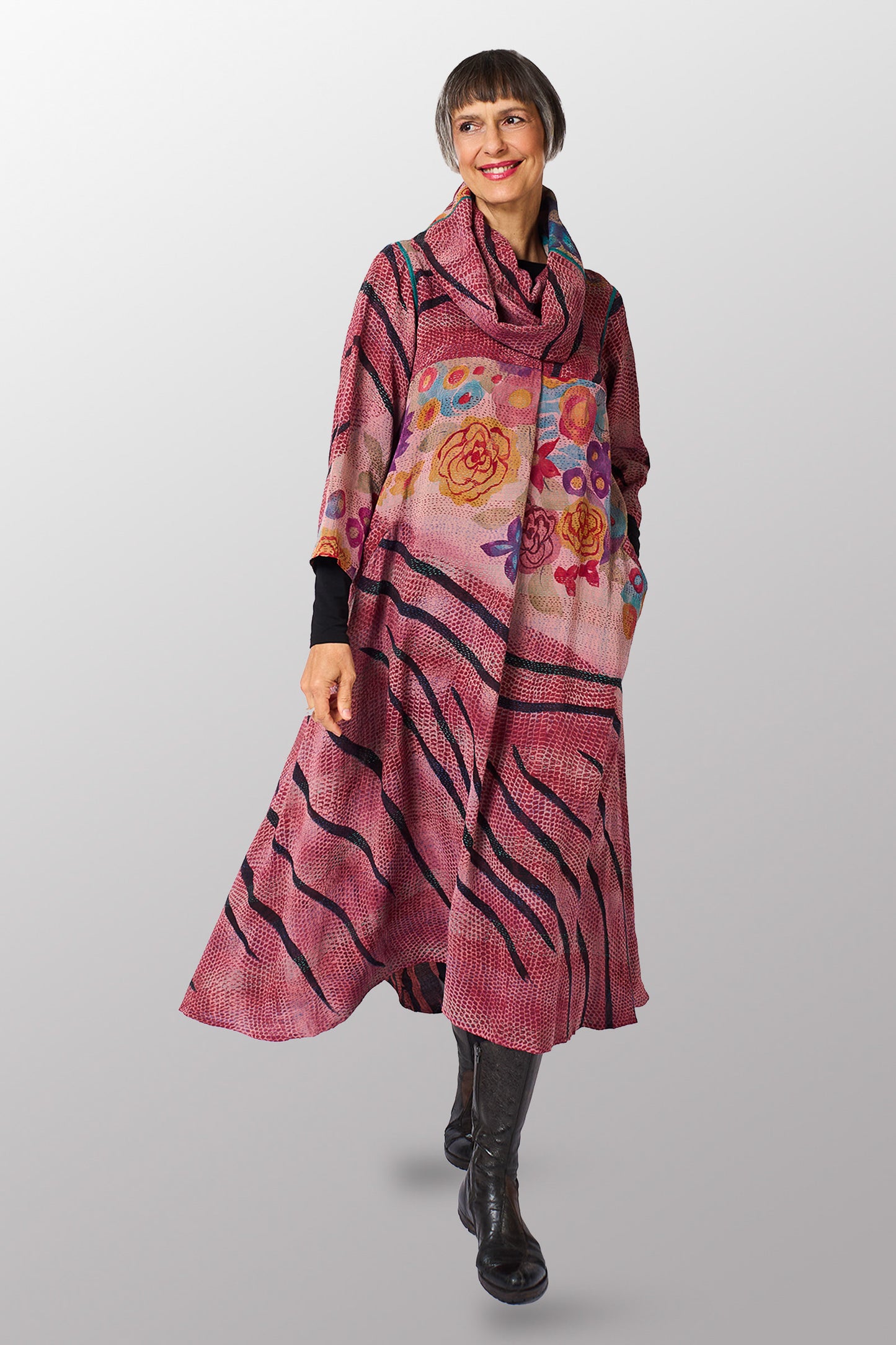 VINTAGE SILK GEORGETTE KANTHA COWL NECK LONG SLEEVE DRESS - sg2450-0006s -