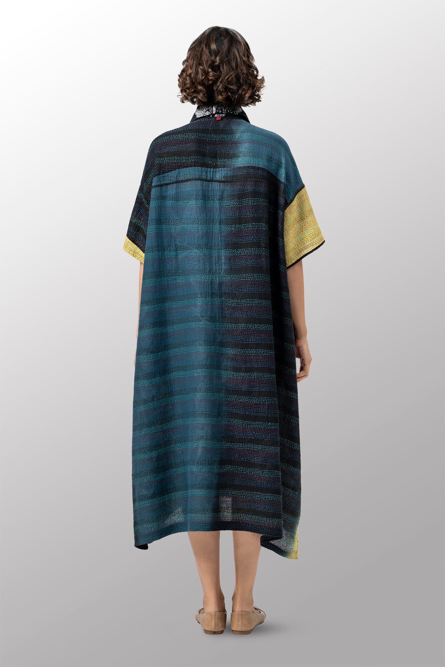 ORGANIC LEAVES KANTHA WING COLLAR DRESS - ol2454-blk -