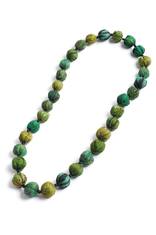 VINTAGE SILK KANTHA SMALL NUTS MEDIUM NECKLACE - sv2705-grn -