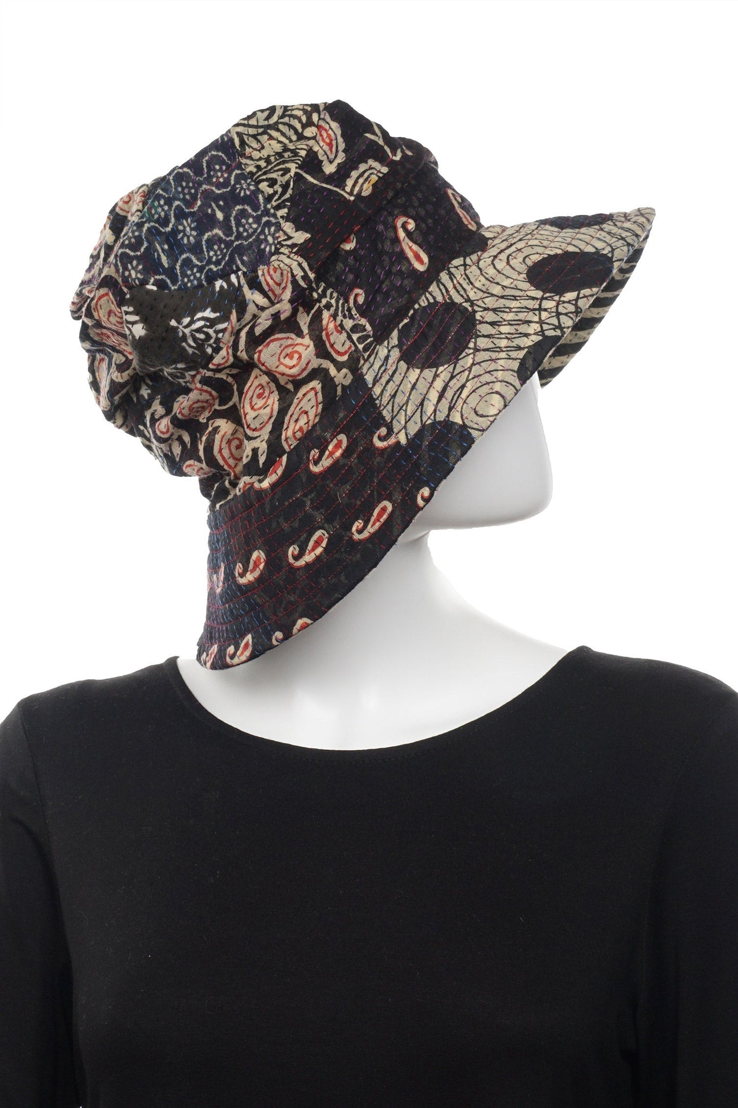 PATCHED PRINT KANTHA FULL BRIM HAT - pp2889-blk -