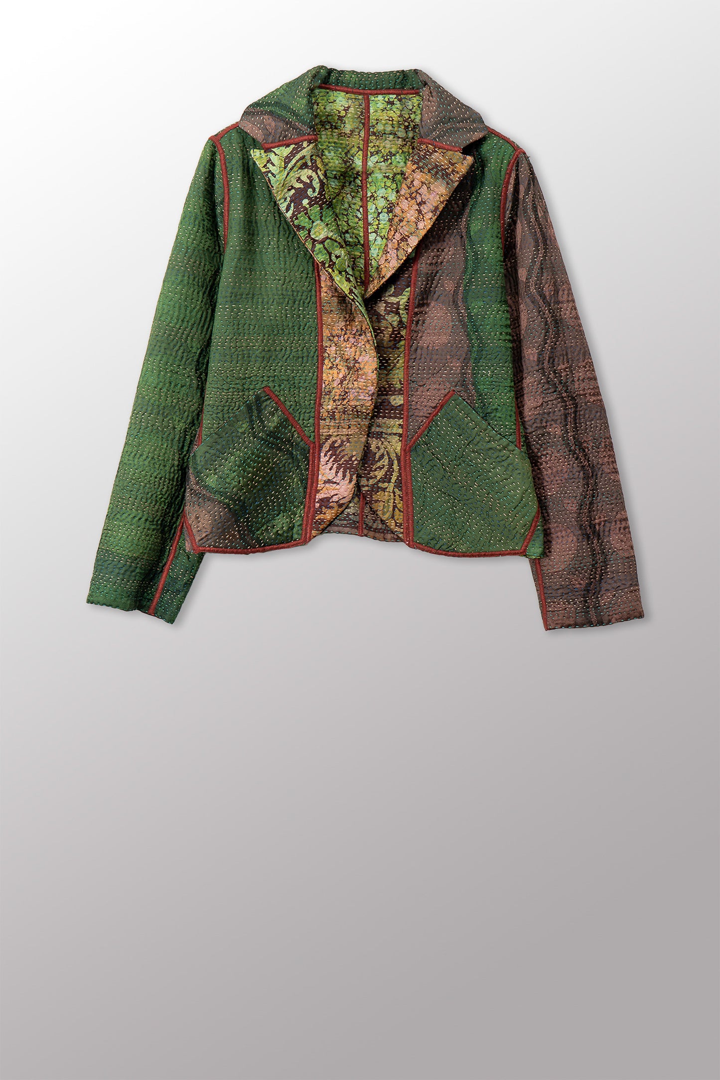 VINTAGE PRINTED SILK CLAMP DYE WITH JACQUARD KANTHA CROPPED BASIC JACKET - sk4096-0001m -
