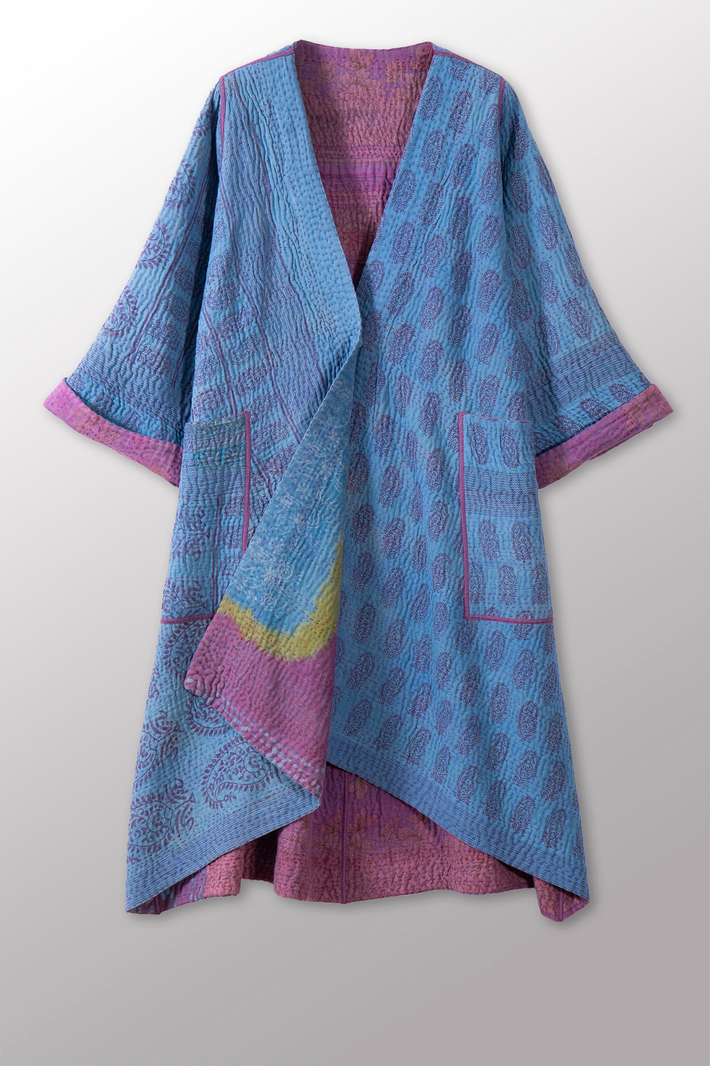 COTTON OVERDYE KANTHA WRAP FLARE COAT - ov4330-cprp005a -