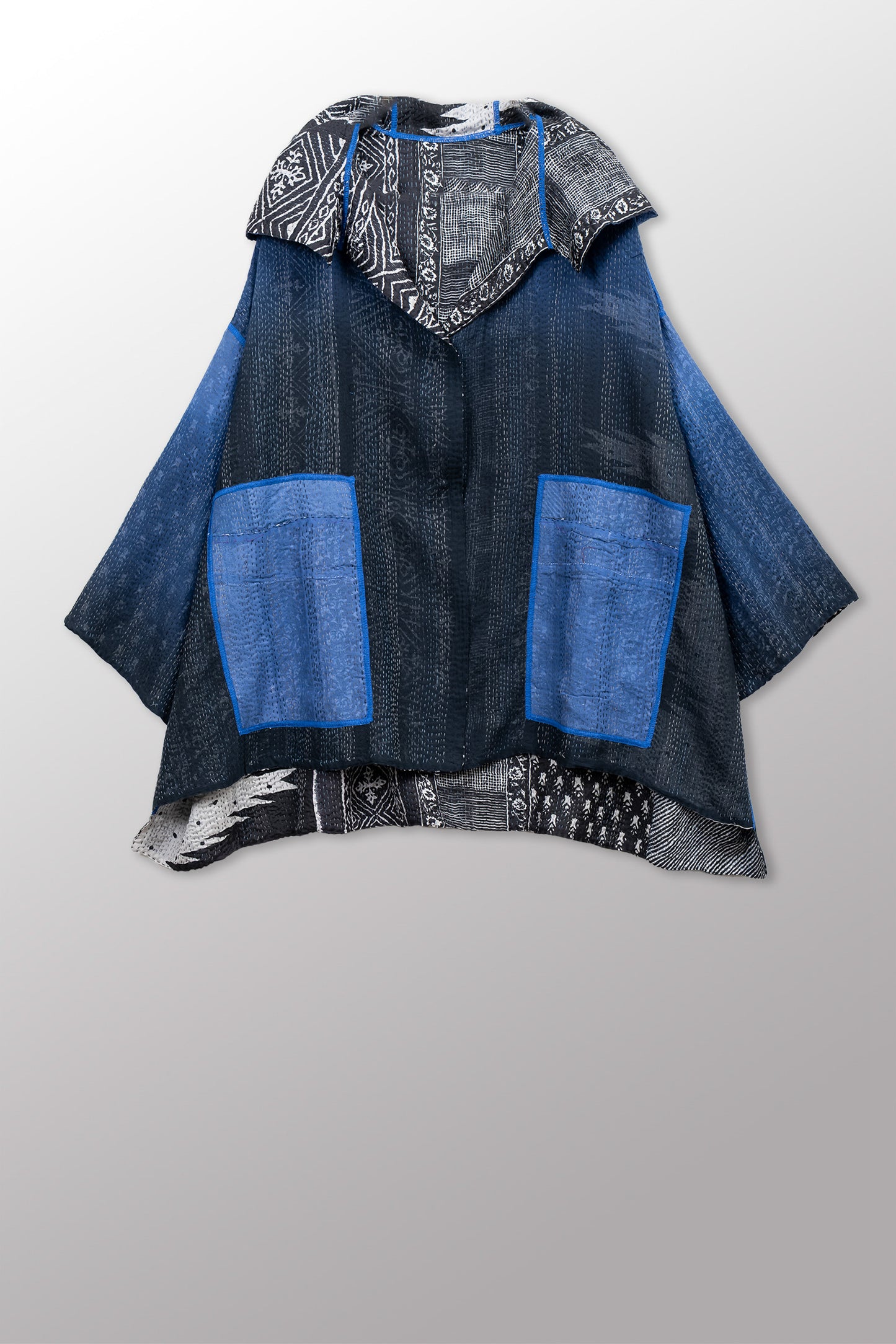 SILK COTTON OMBRE PRINT KANTHA HOODIE PONCHO - os2064-blk -