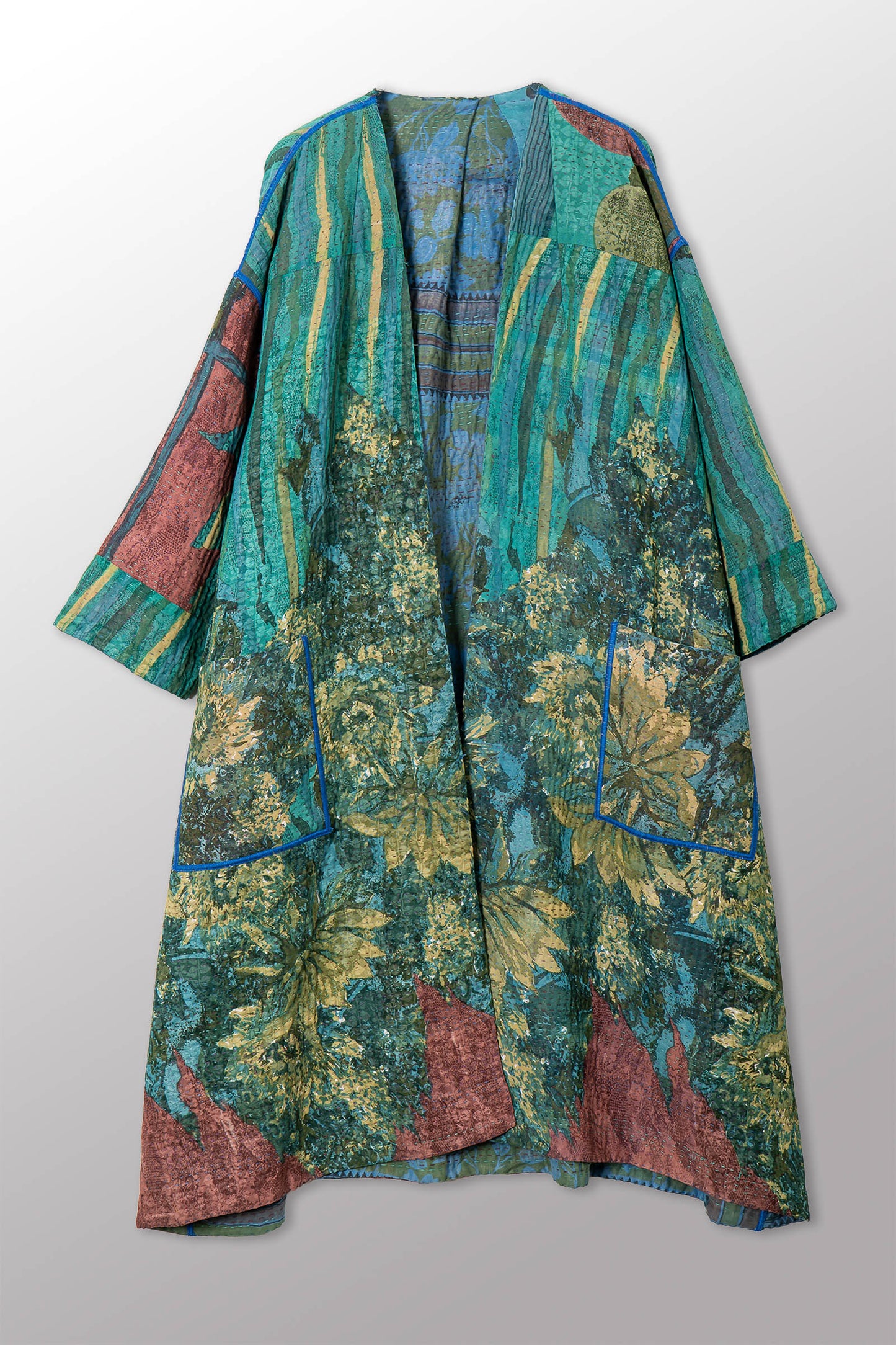 VINTAGE SILK GEORGETTE COTTON KANTHA LONG DUSTER - gc4328-0002a -