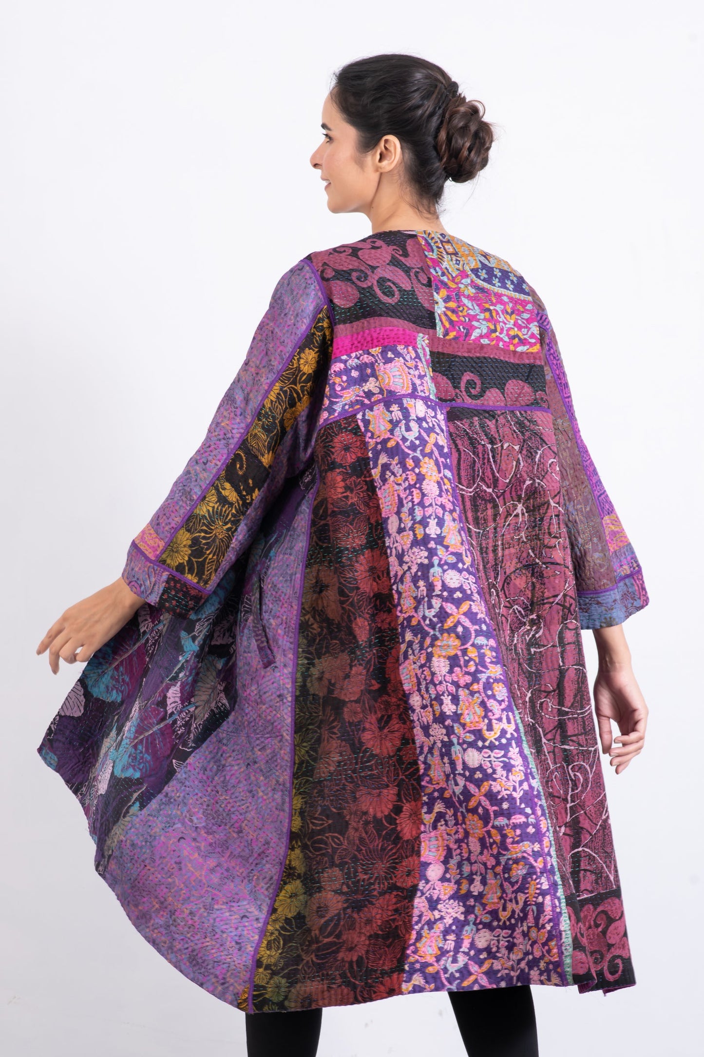 JACQUARD SILK KANTHA WRAP FLARE COAT - js4330-prp -