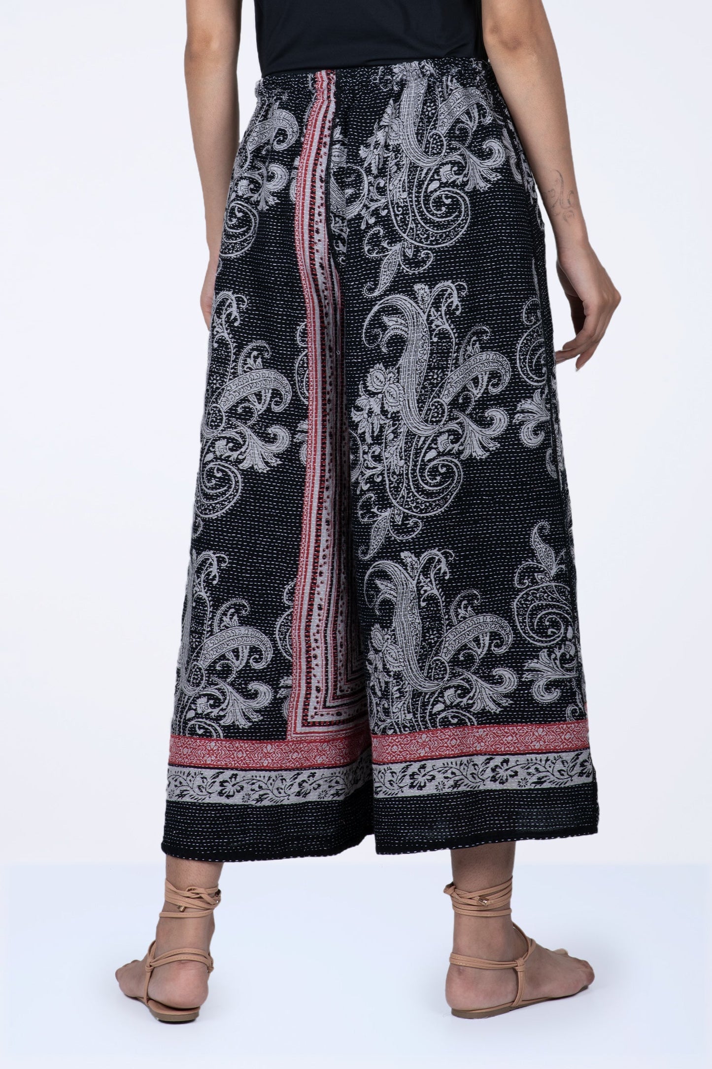 COTTON PAISLEY KANTHA DRAW STRING GAUCHO - cp2627-blk -