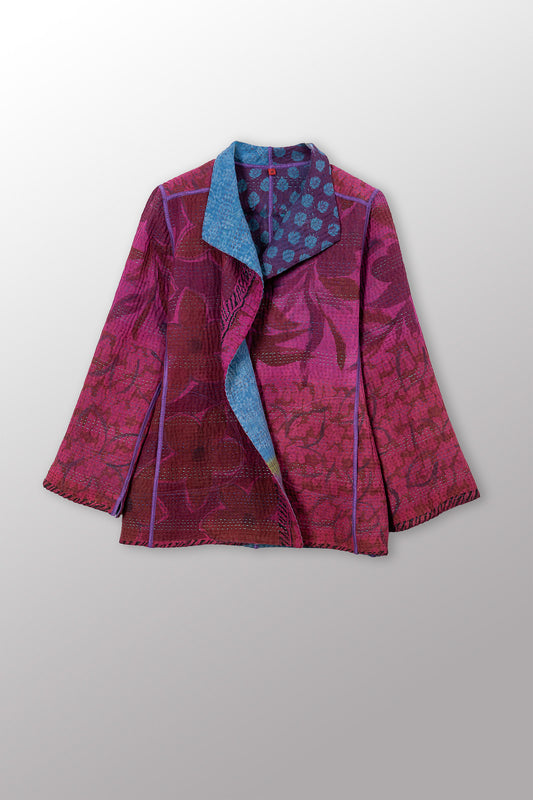 VINTAGE SILK GEORGETTE COTTON KANTHA SHORT JACKET - gc4007-0003m -