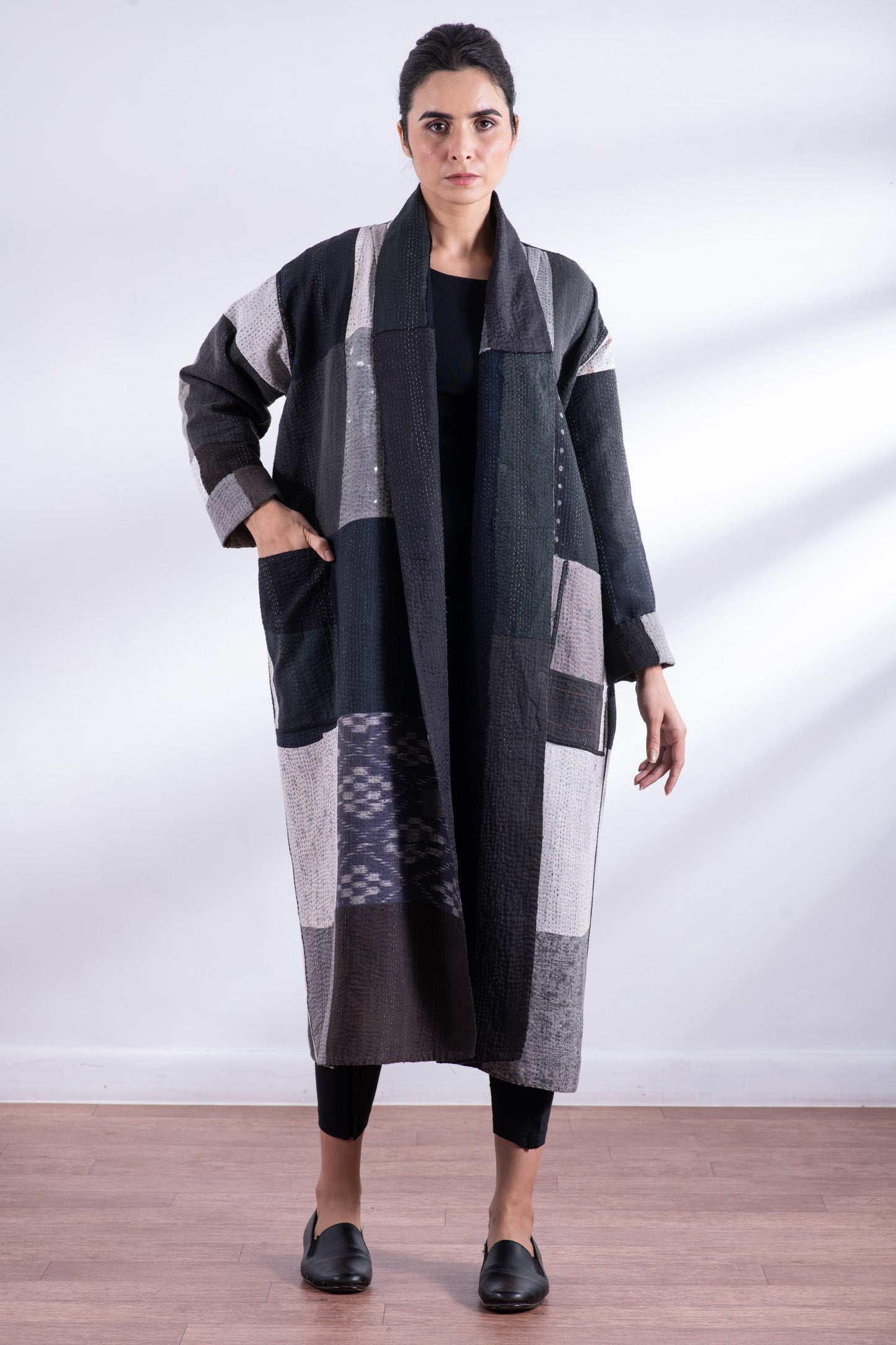 STRIPE AND CHECK COTTON SILK PATCH KANTHA  ROBE COAT - ss4329-blk -