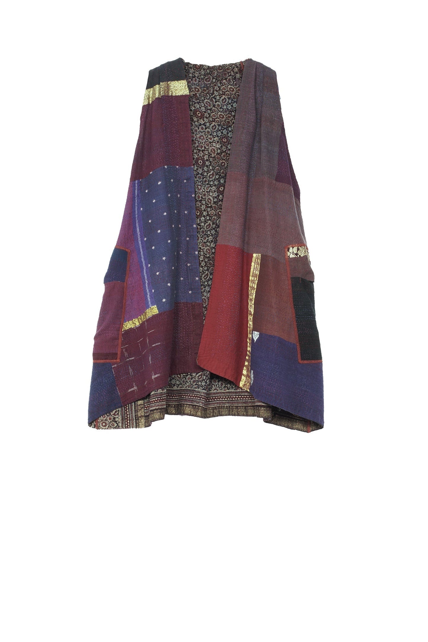 AJRAKH & COTTON OMBRE PATCH KANTHA BACK PLEATED VEST - ac2221-brn -