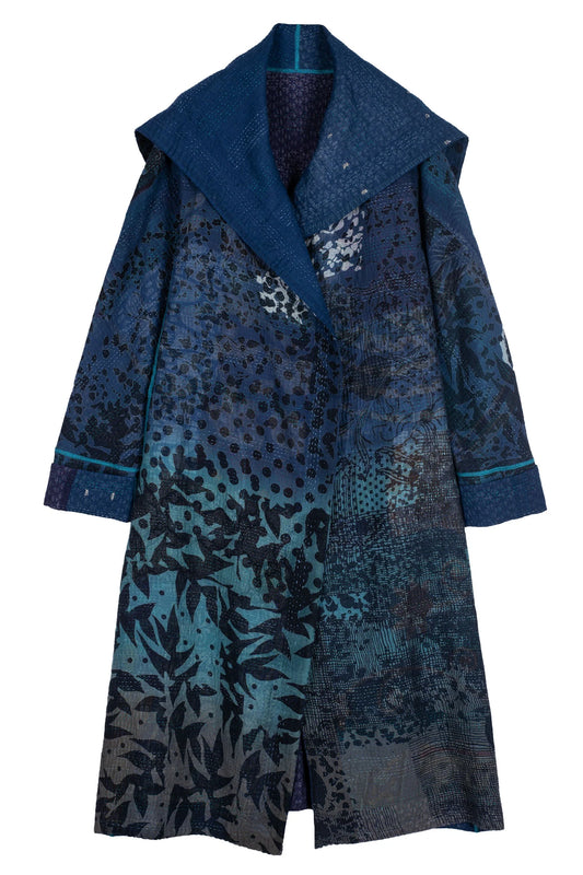 MONOTONE TWILIGHT PRINT KANTHA A-LINE LONG COAT - tp4302-blu -