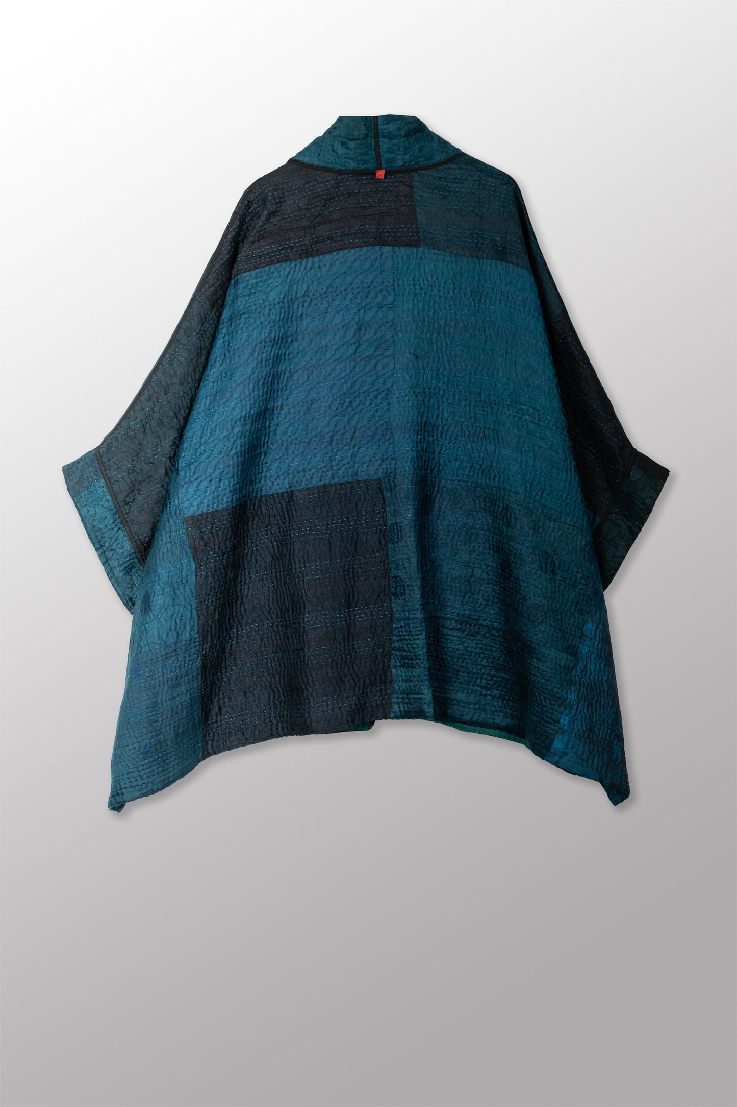 EMERALD GREEN KANTHA DOUBLE COLLAR PONCHO - eg4323-tel -