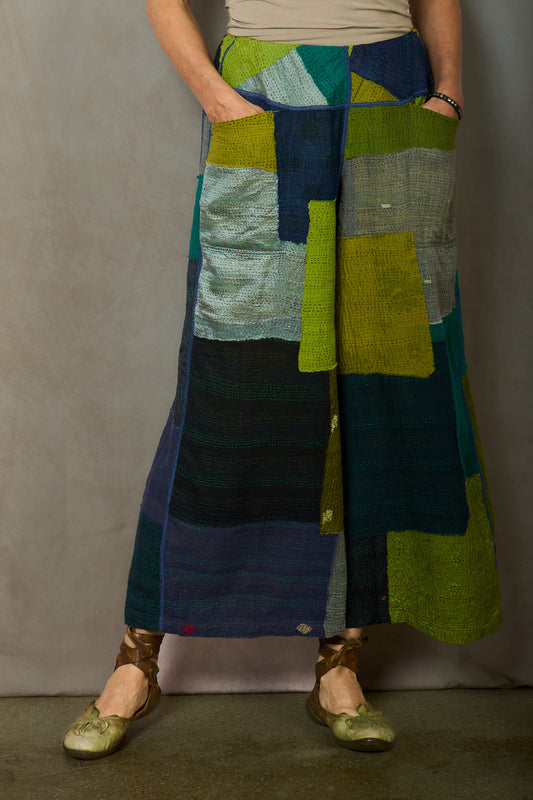 MARBLE FRAY PATCH KANTHA MID RISE WIDE LEG PANTS - mf2665-grn -