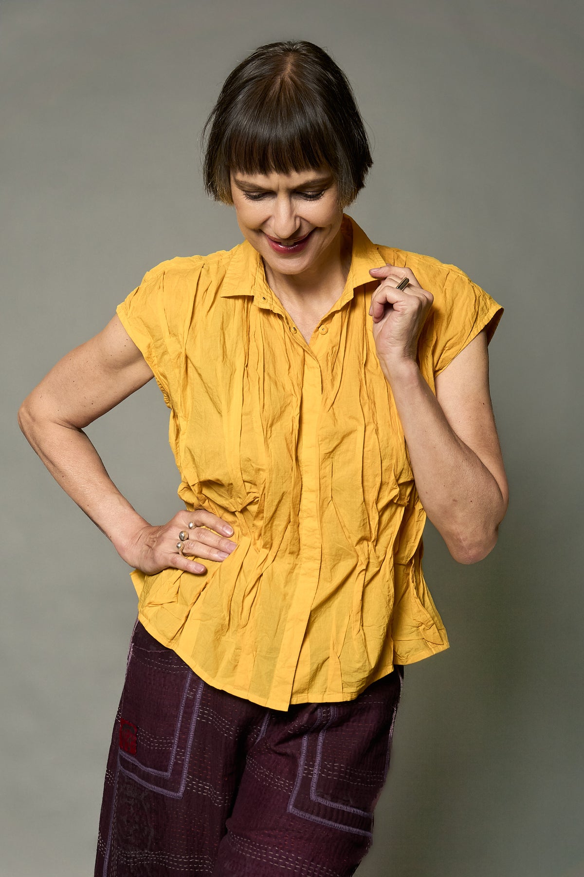 POLISHED COTTON WAVY FRENCH SLEEVE SHIRT - wl1569-ylw -