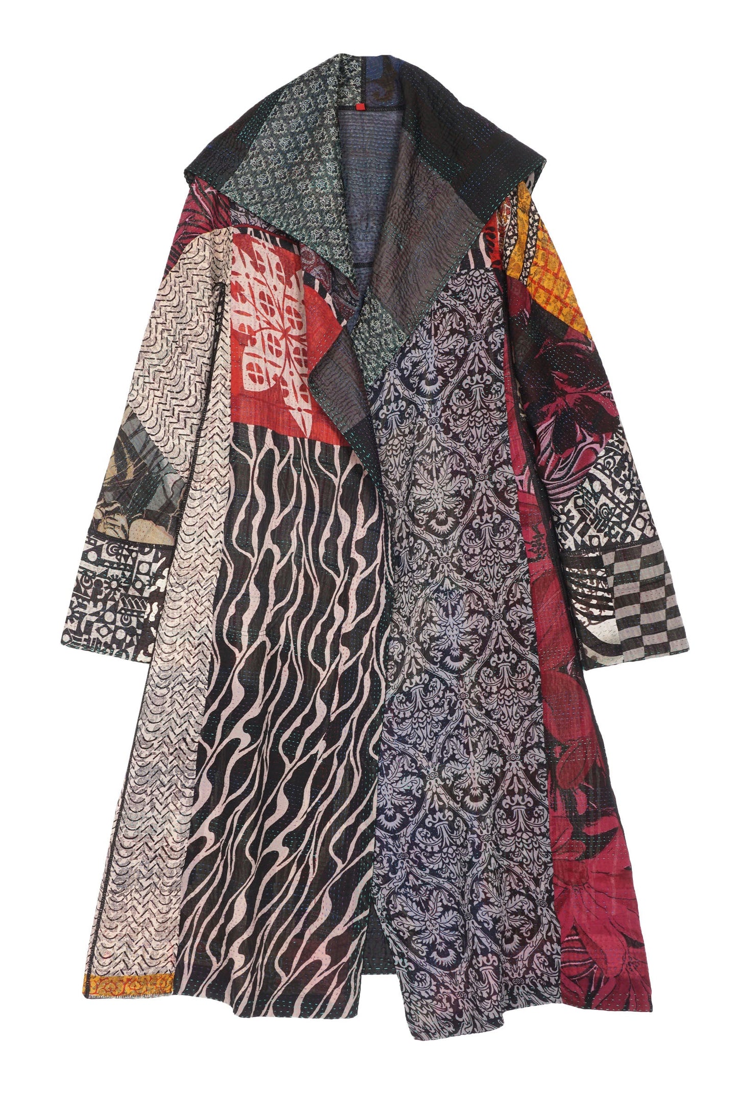 JACQUARD SILK KANTHA A-LINE LONG COAT - js4302-blk -