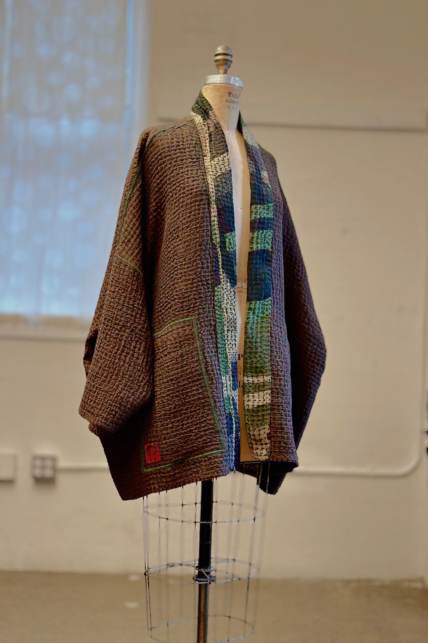 ABSTRACT WAFFLE KANTHA KIMONO WRAP SHORT - bw3358-grn -