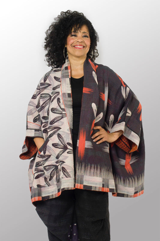 VINTAGE COTTON KANTHA DOUBLE COLLAR PONCHO - cv4323-0047a -