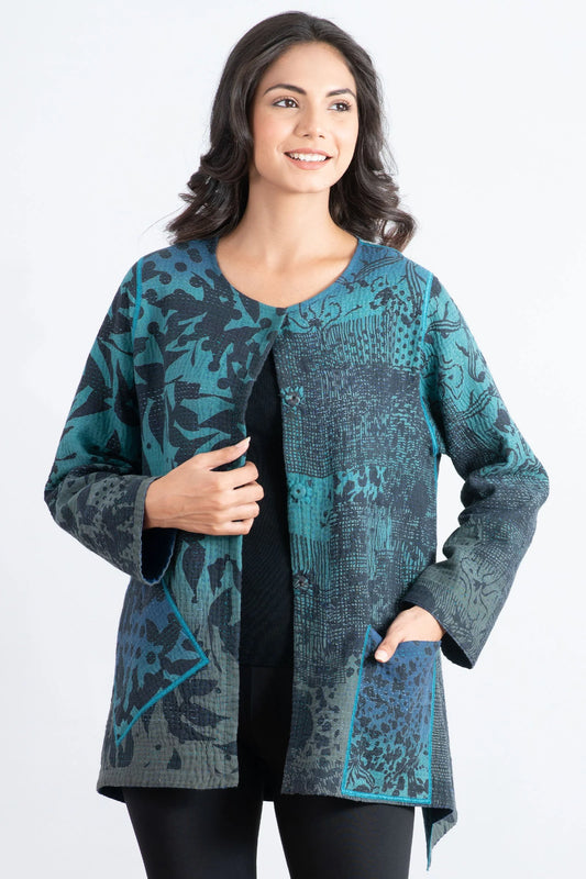 MONOTONE TWILIGHT PRINT KANTHA CREW NECK POCKET JKT - tp4025-blu -