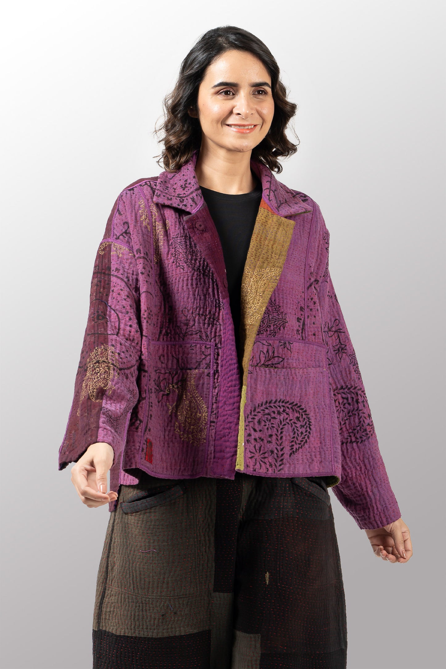 OMBRE PATCHED GOLD STAMP KANTHA CROPPED SHIRT JACKET - og4075-mlt -