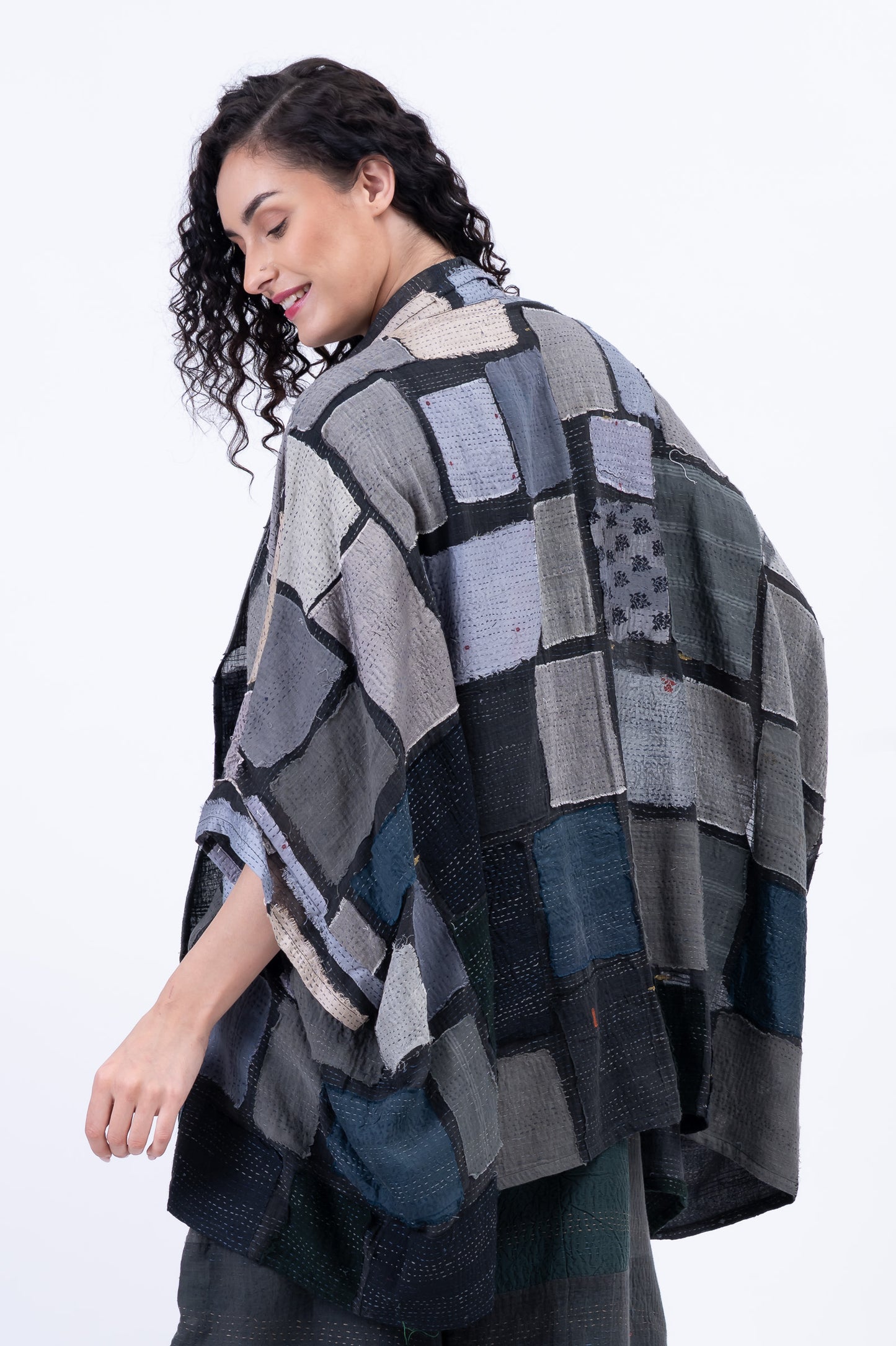 TONAL TILE PATCH KANTHA DOUBLE COLLAR PONCHO - tt2323-gry -