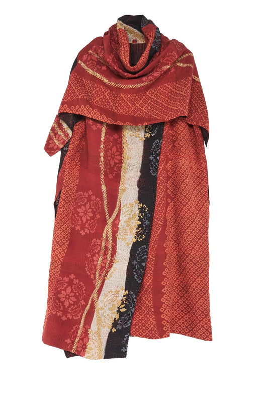 KIMONO PRINT KANTHA COWL NECK DRESS - kp2416-red -