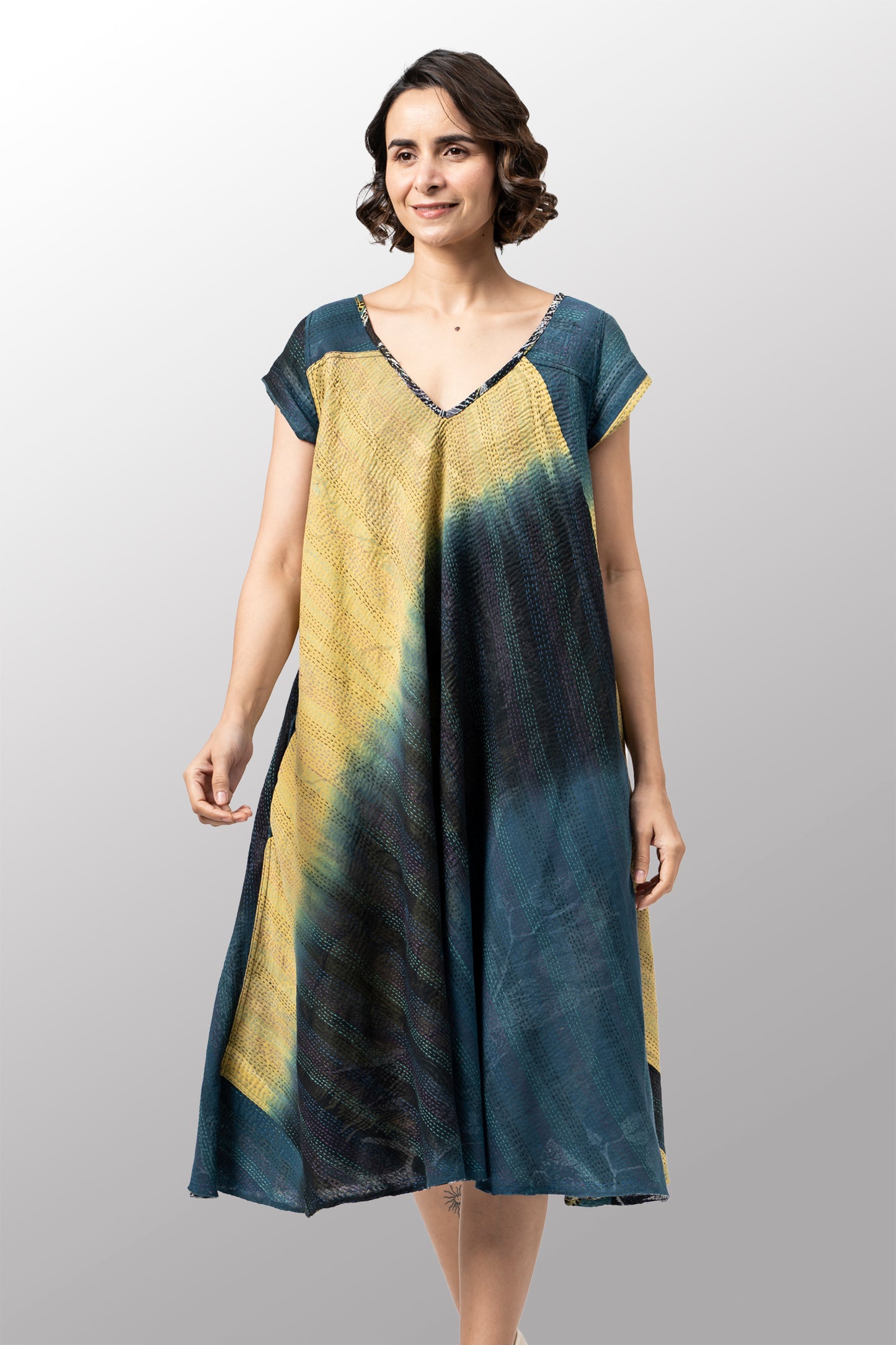 ORGANIC LEAVES KANTHA CAP SLV. FLARE DRESS - ol2425-blk -