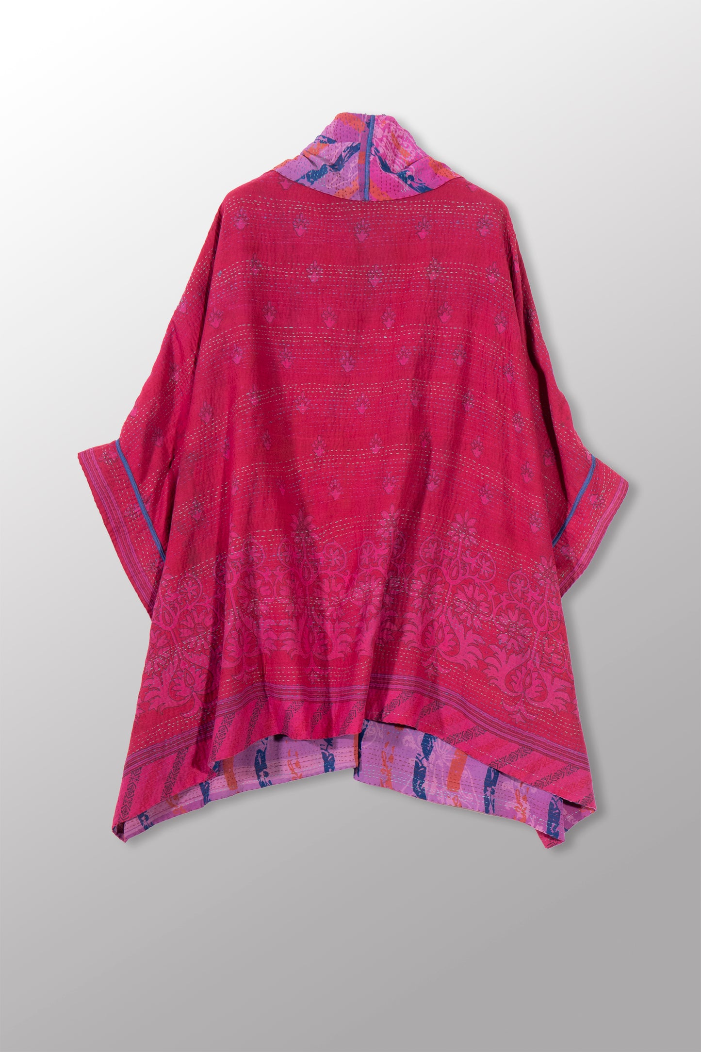 VINTAGE SILK GEORGETTE COTTON KANTHA DOUBLE COLLAR PONCHO - gc2323-0001a -