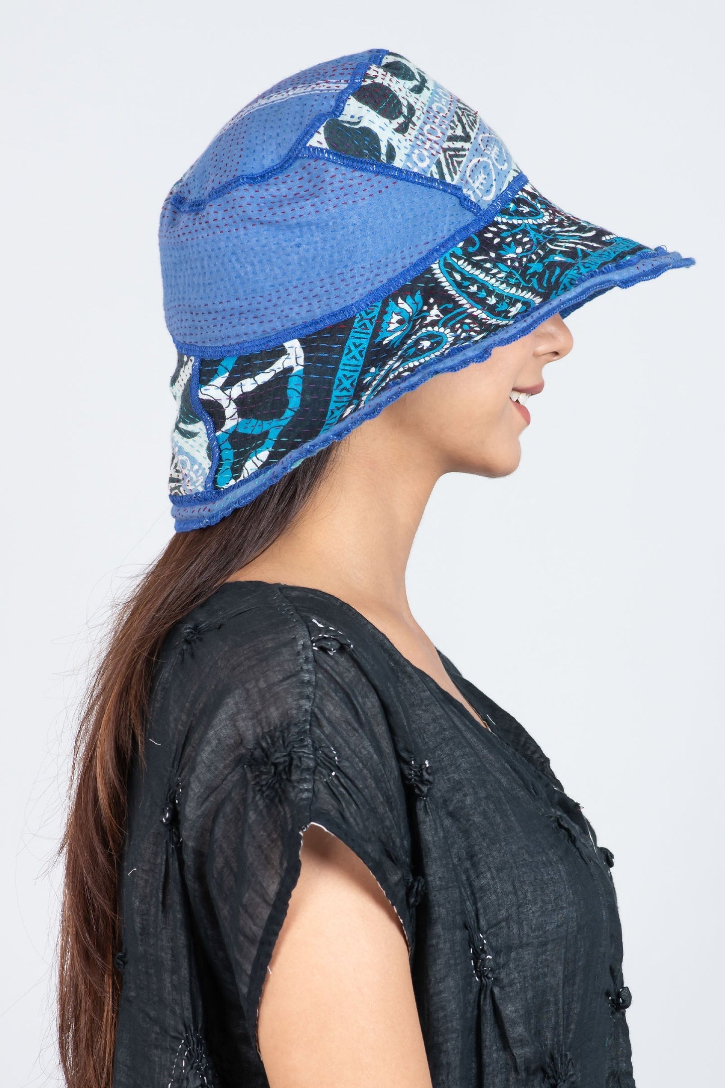 VINTAGE COTTON KANTHA CIRCULAR CUT BRIM HAT - cv2882-blu -