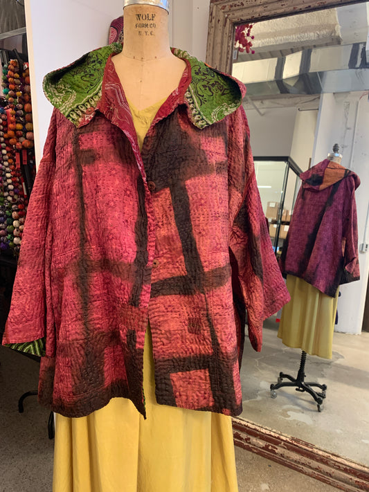 VINTAGE JACQUARD CLAMP DYE WITH PRINTED SILK KANTHA HOODIE PONCHO - jk4064-0001a -