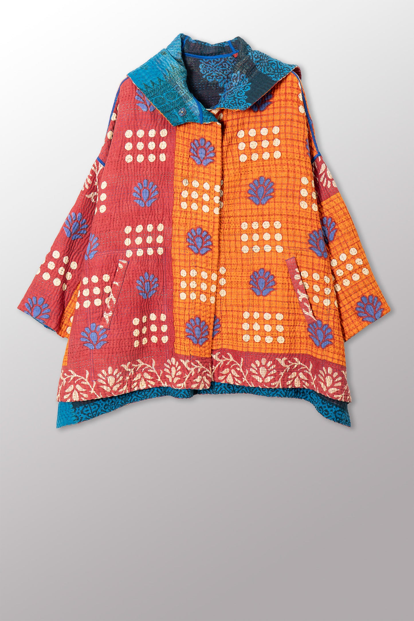 VINTAGE COTTON KANTHA HOODIE PONCHO - cv4064-0038a -