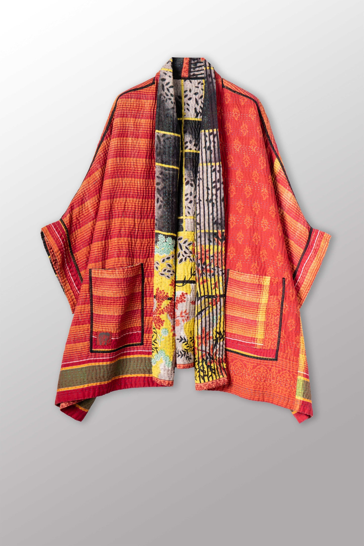 VINTAGE COTTON KANTHA DOUBLE COLLAR PONCHO - cv4323-0055a -