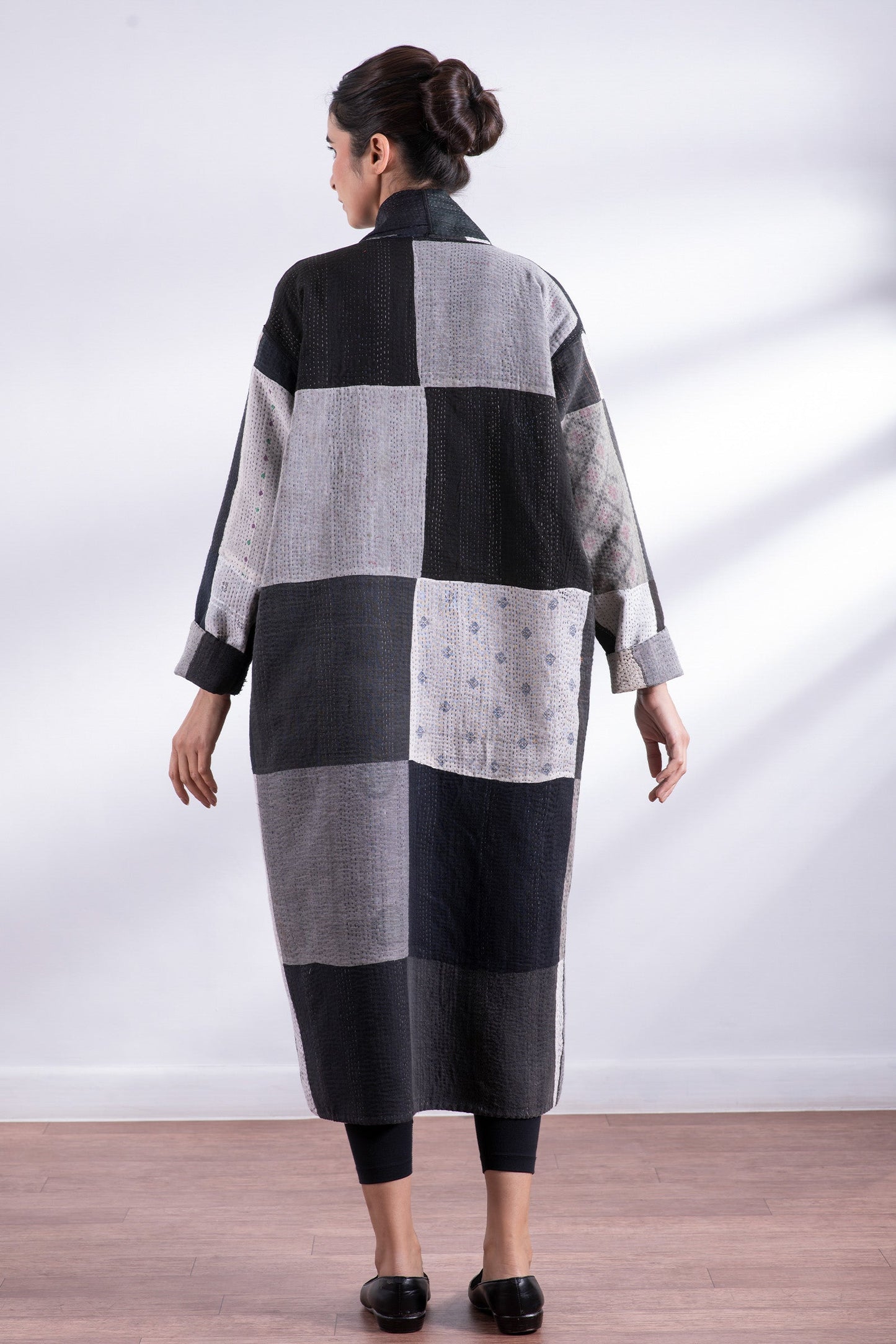 STRIPE AND CHECK COTTON SILK PATCH KANTHA  ROBE COAT - ss4329-blk -