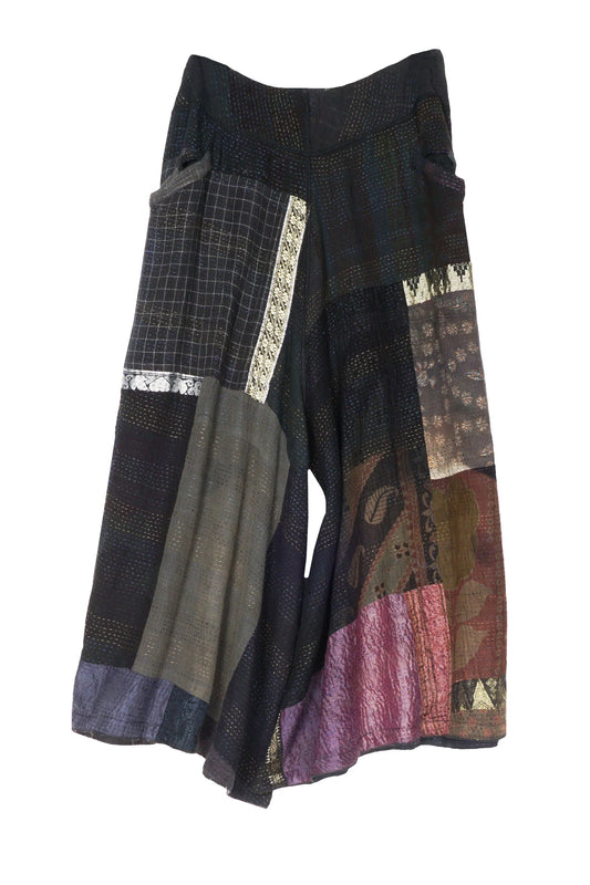 COTTON SILK SW PATCH KANTHA WIDE LEG SHORT PANTS - ws2624-blk -