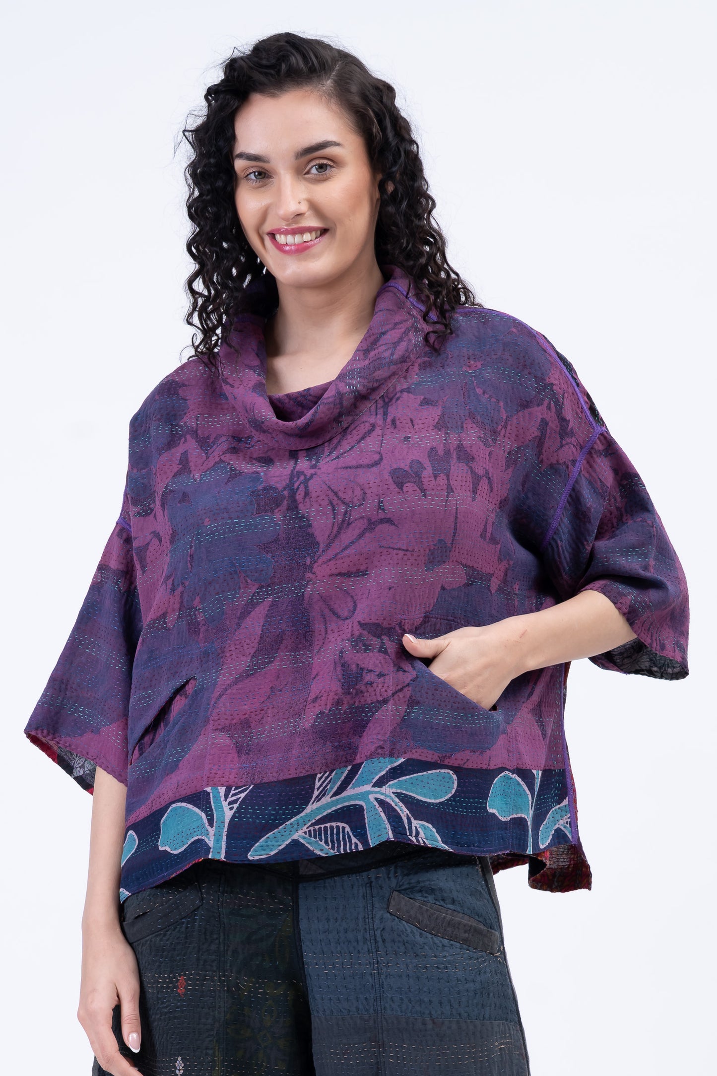 VINTAGE SILK GEORGETTE COTTON KANTHA COWL NECK PONCHO - gc2061-0003a -