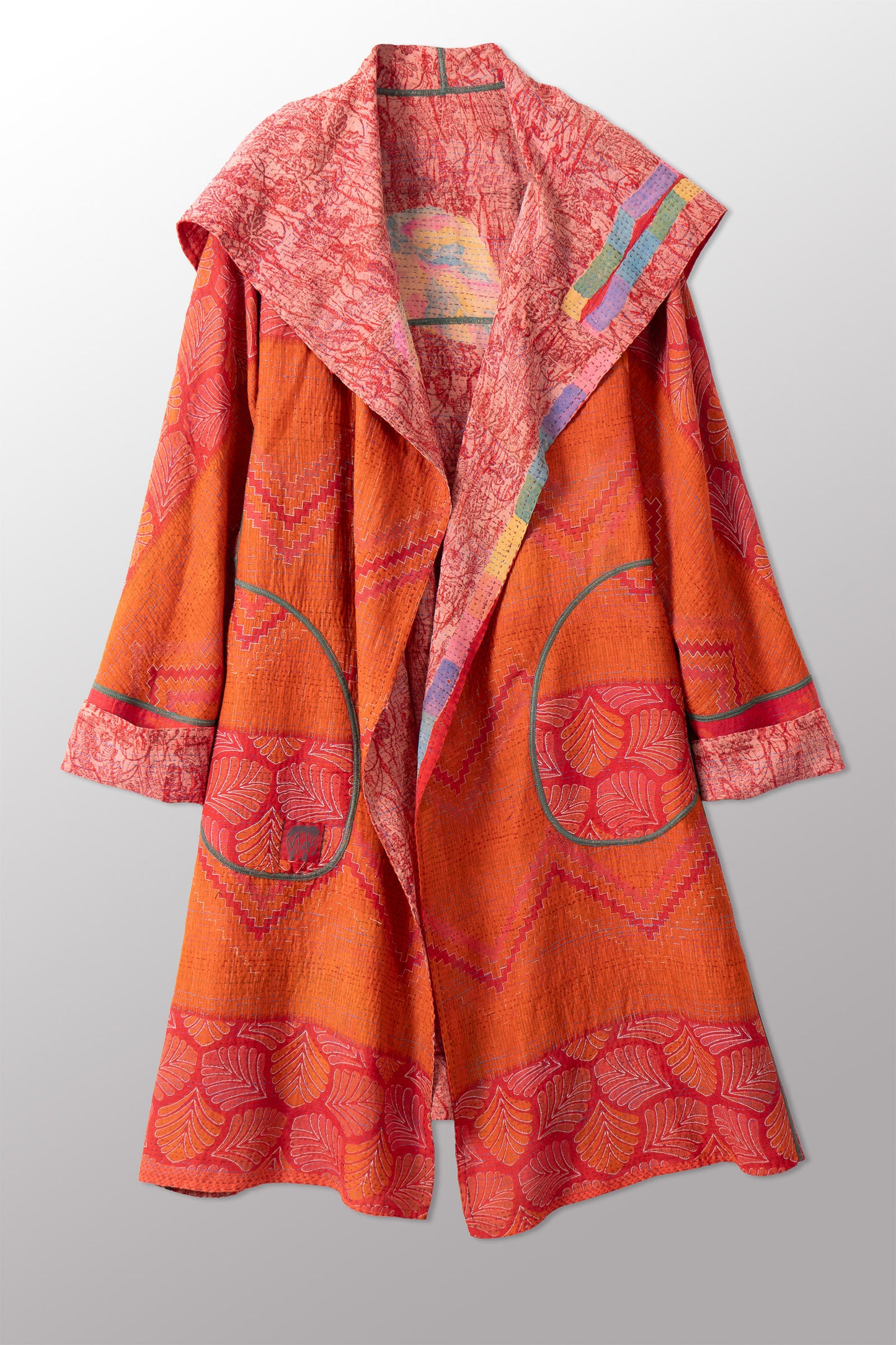 VINTAGE SILK GEORGETTE COTTON KANTHA A-LINE COAT - gc2309-0001a -